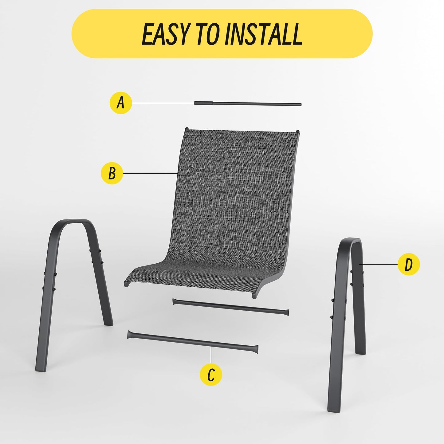 Betterhood Patio Chairs Set of 4, Stackable Outdoor Dining Chairs Set with Breathable Seat Fabric, All-Weather Powder-Coated Metal Frame for Deck, Pool Side and Backyard, 350LBS Capacity (Grey)