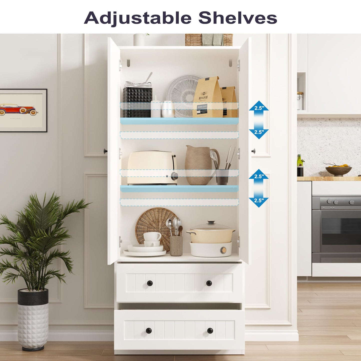 Furnify 65" H Storage Cabinet with 2 Drawers, Farmhouse Kitchen Pantry Cabinet with 2 Doors & Adjustable Shelf, Handbag Storage Organizer for Living Room, Bathroom, Kitchen, White