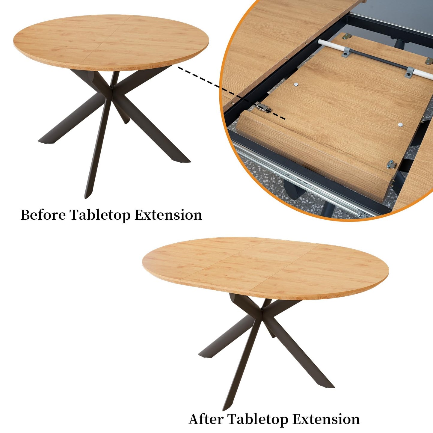 HIPIHOM 43.2"-59.1" Extendable Round Dining Table Set, Mid Century Wooden Round Kitchen Table, Oak Coffee Table for 4-6 Person,PU Leather Chair