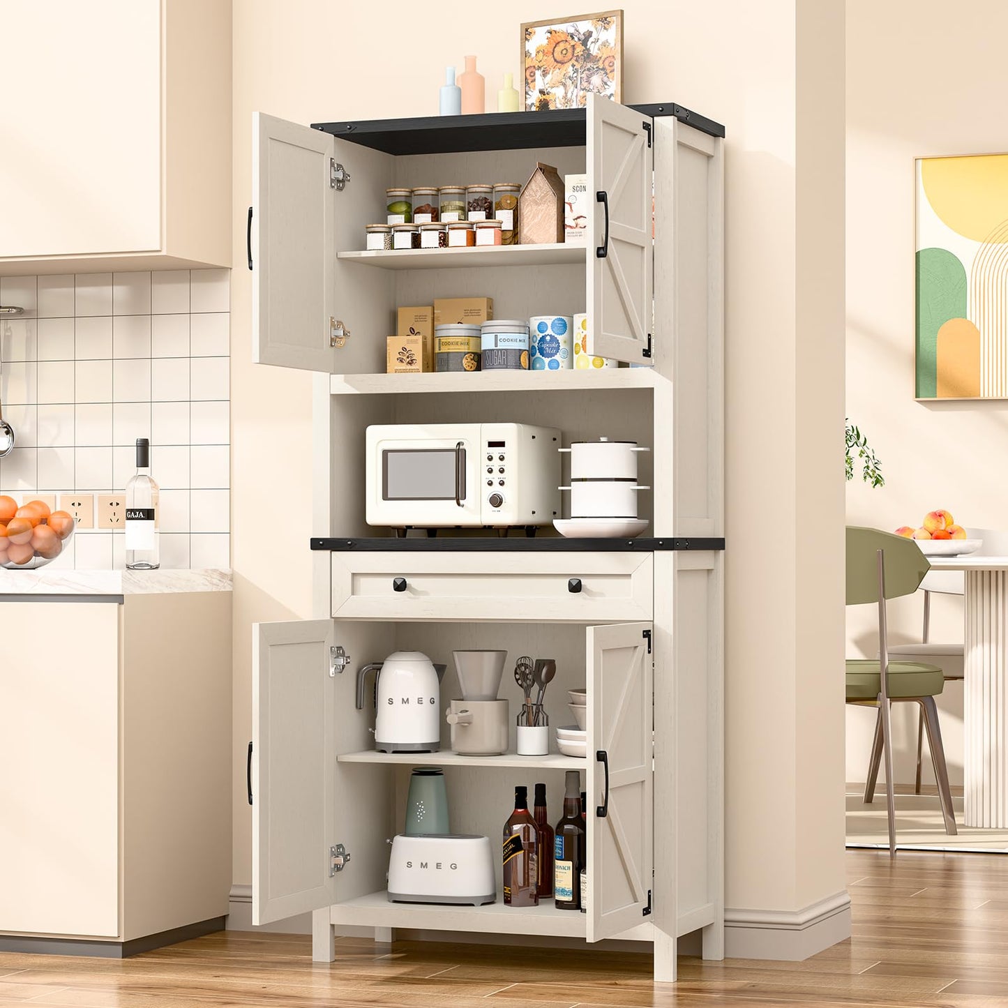 Befrases 72" H Tall Farmhouse Storage Cabinet with Drawer, 6 Tier Kitchen Pantry Organize with 4 Barn Door and Adjustable Shelf, Microwave Stand for Kitchen, Garage, Living, Utility Room, Black