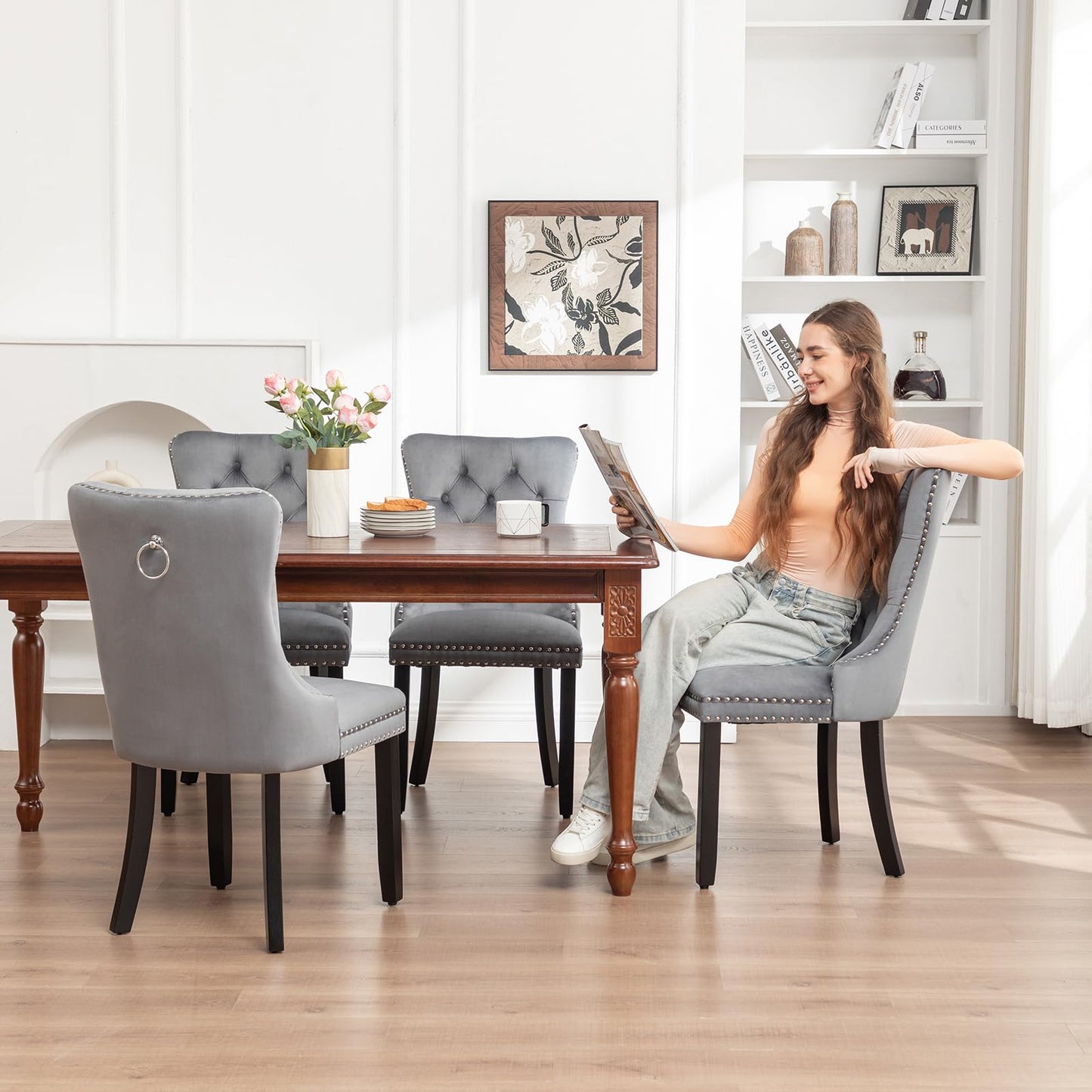 Kiztir Velvet Dining Chairs Set of 4, Upholstered Dining Chairs with Ring Pull Trim and Button Back, Luxury Tufted Dining Chair for Living Room, Bedroom, Kitchen (Gray)