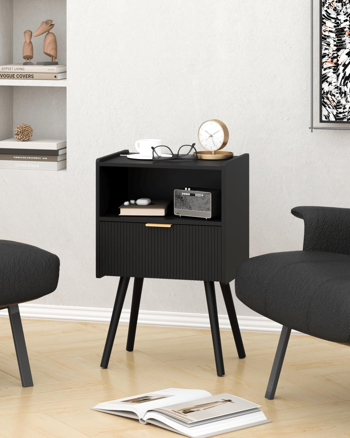 JOONEE Black Nightstand,Modern Bedside Table with Storage Drawer and Open Wood Shelf, for Living Room, Bedroom and Small Spaces, Accent Night Stand with Solid Wood Legs, Easy Assembly,Classic Black