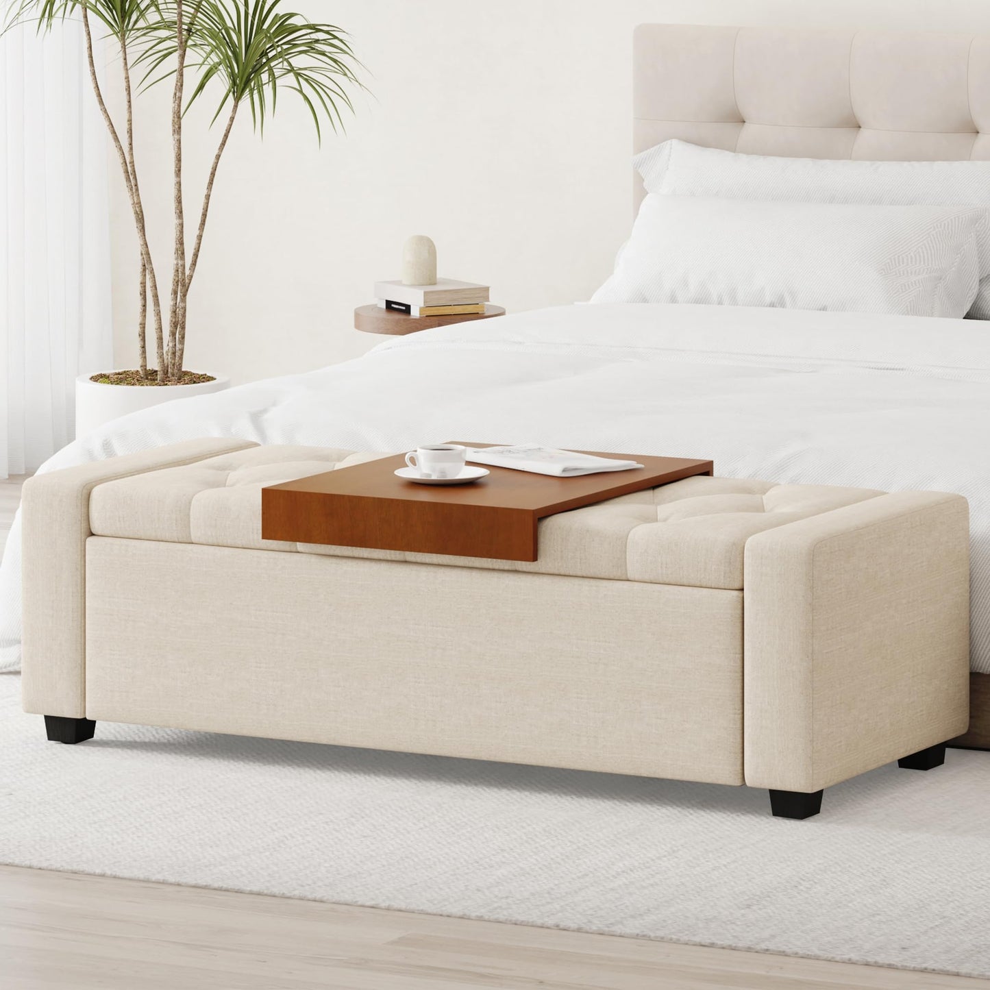 Atrtivoent 47" Ottoman Bench, Living Room Storage Bench with Removable Tray, Upholstered Tufted Window Benches, Ottoman Bench Seat with Storage for Bedroom, Entryway (Beige1, with Tray)