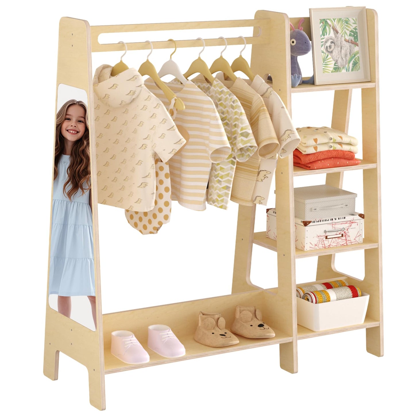 Kids Dress Up Storage with Mirror, Kids Closet with 5 Hanger and Stickers, Opening Hanging Costume Closet Wardrobe for Boys and Girls
