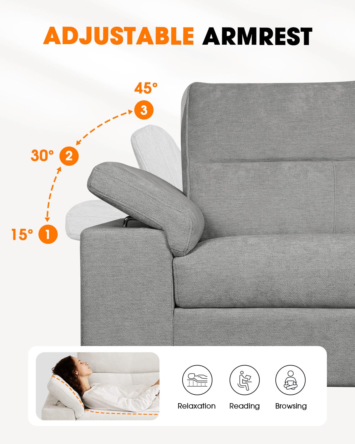 88.97" Modern Sofa Couches for Living Room, Deep Seat Sofas with 8”Cushion, Comfy 2-Seater Chenille Loveseat with Convertible Armrest, Removable Sofa Cover, High Leg(Light Gray)