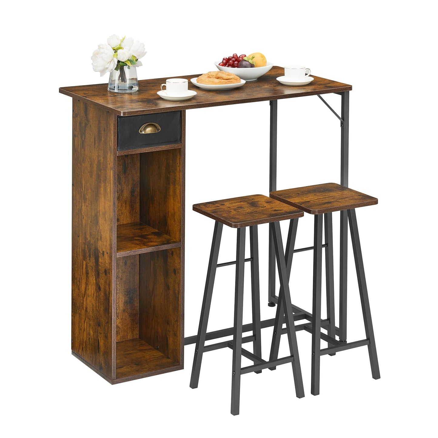 IDEALHOUSE 3-Piece Dining Table Set for 2， Kitchen Table and Chairs with Storage Drawer & Shelf – Compact Kitchen Table and 2 Bar Stools, Perfect for Small Kitchens, Apartments, Brown