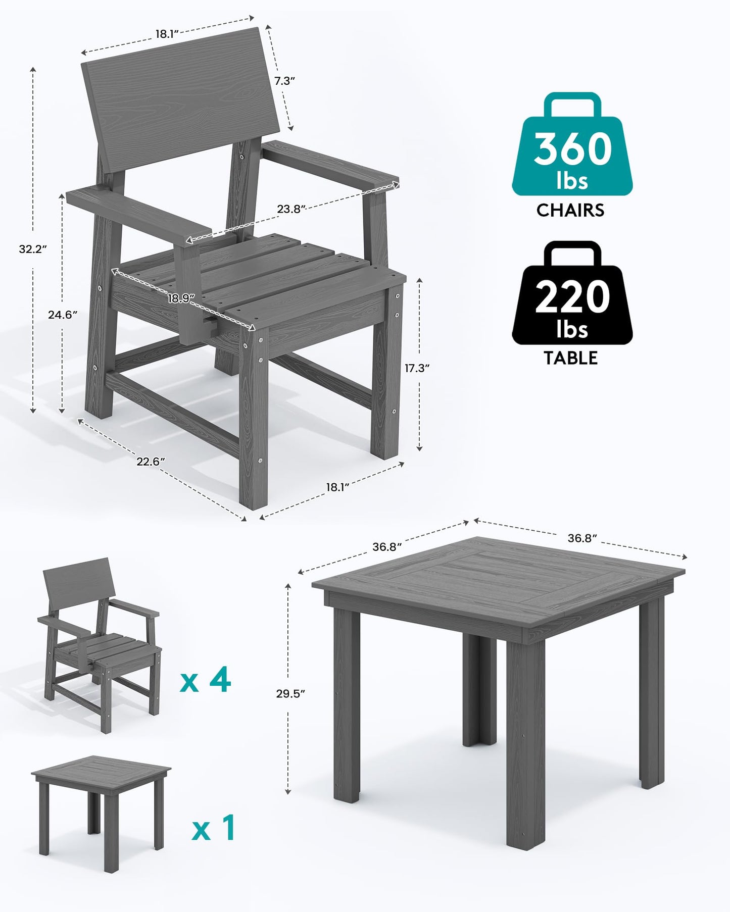 SERWALL HDPE Outdoor Dining Set, Patio Table and Chairs Set All Weather Patio Dining Set for 4, 5-Piece Patio Dining Furniture for Deck, Garden, Backyard, Gray