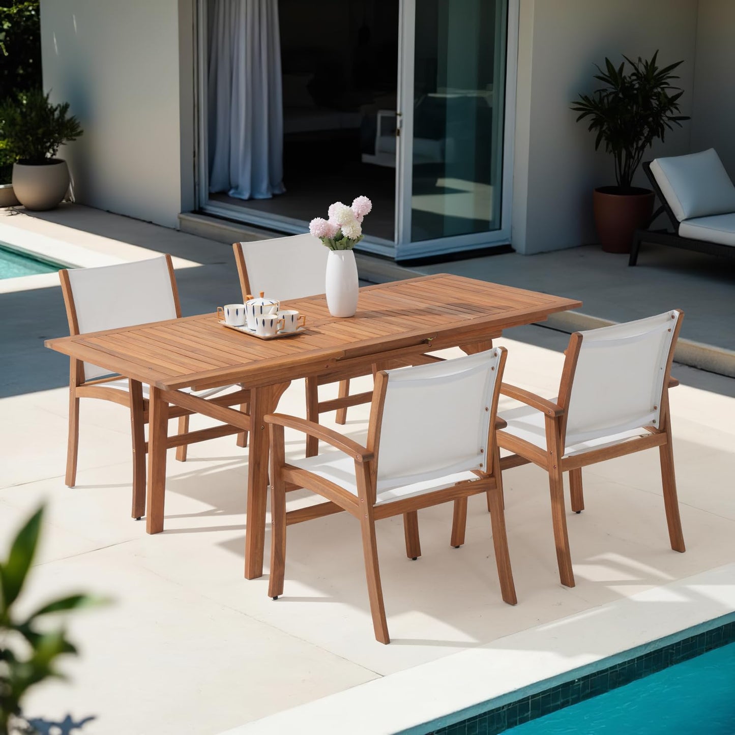 OC Orange-Casual Patio Furniture Set, Outdoor Chairs Set with Acacia Wood Frame and Metal Support Bars,Breathable Textilene Fabric Curved Armchair Support 350lbs for Lawn, Garden (White, 2 Pieces)