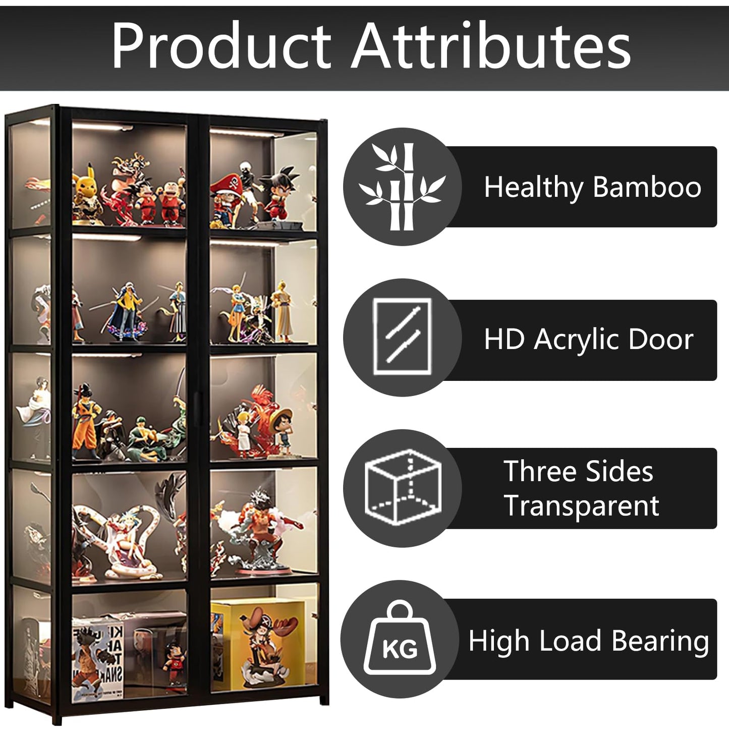 QOEUDD Display Cabinet with Acrylic Glass Door, 5 Tier Curio Display Case, Collectibles Toy Organizers Rack & Display Shelf, Kids Bookcase for Bedroom, Reading Nook, Toddler's Room, Bamboo