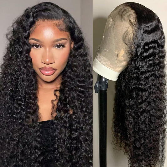 Deep Wave Lace Frontal Wigs Human Hair 180% Density 13x4 Deep Curly Lace Frontal Wig Glueless with Baby Hair Natural Black 26 Inch