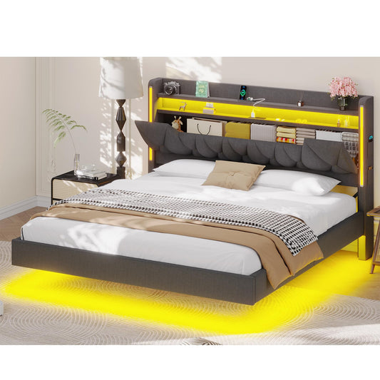 Dnxao Floating Bed Frame,King Bed Frame with Hidden Storage, King Platform Bed Frame with Headboard,4 Pockets,LED Lights and Charging Station, Noise Free, No Box Spring Needed,Quick Assembly,Gray