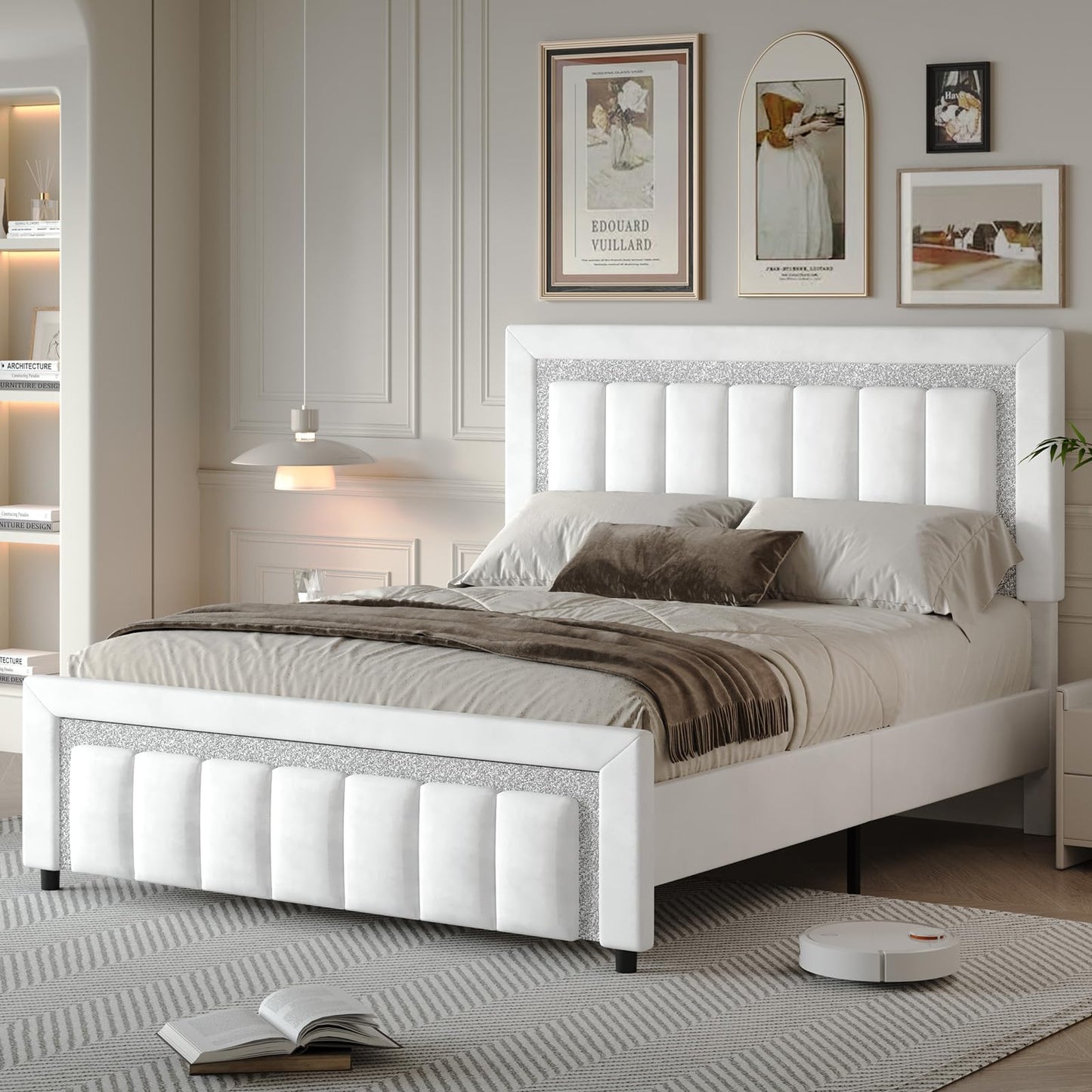 HOMBCK Queen Bed Frame, Upholstered Platform Bed with Headboard and Footboard, Bed Queen Size with Diamond Design and Wooden Slats Support, No Box Spring Needed, Easy Assembly, White