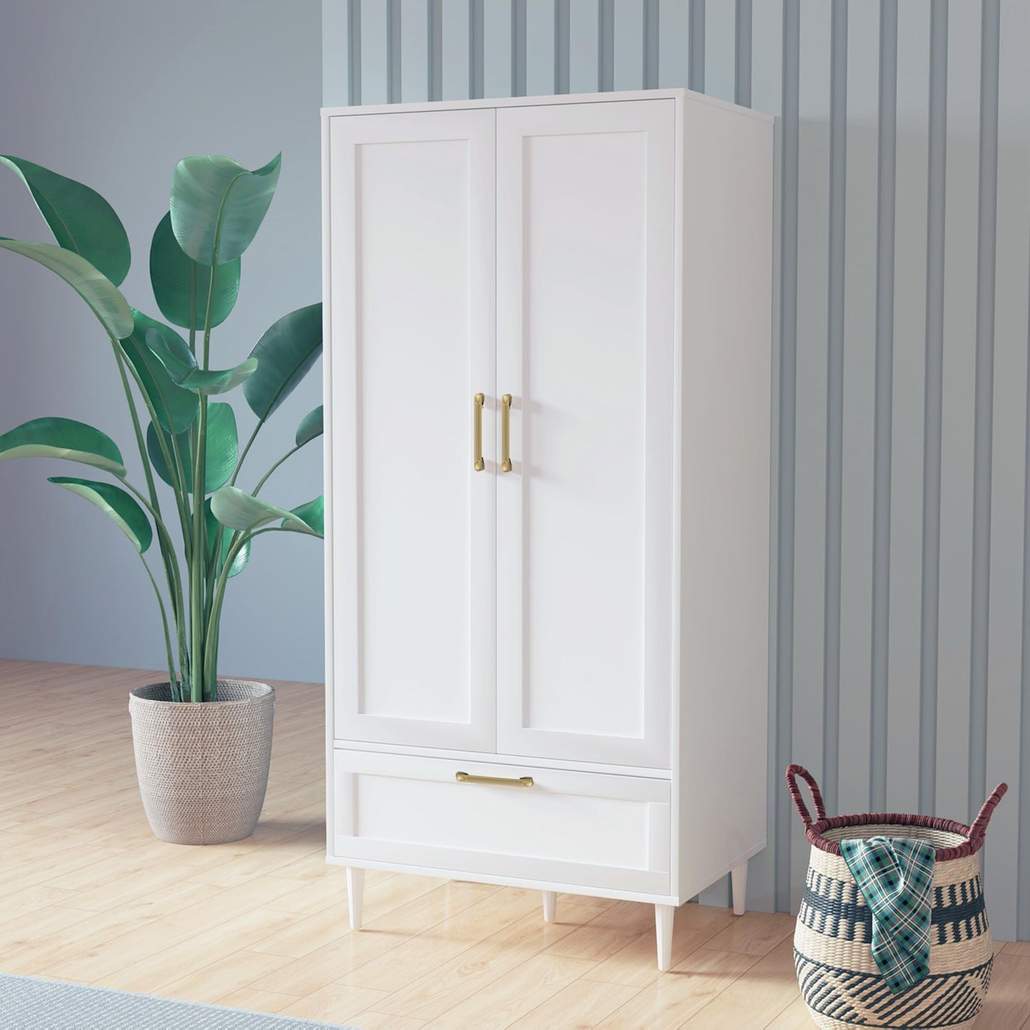 ALBSL Bedroom Armoire Wardrobe Closet with Hanging Rod,60" 2 Door Almirah for Clothes with Drawers,Morden Storage Cabinet,White