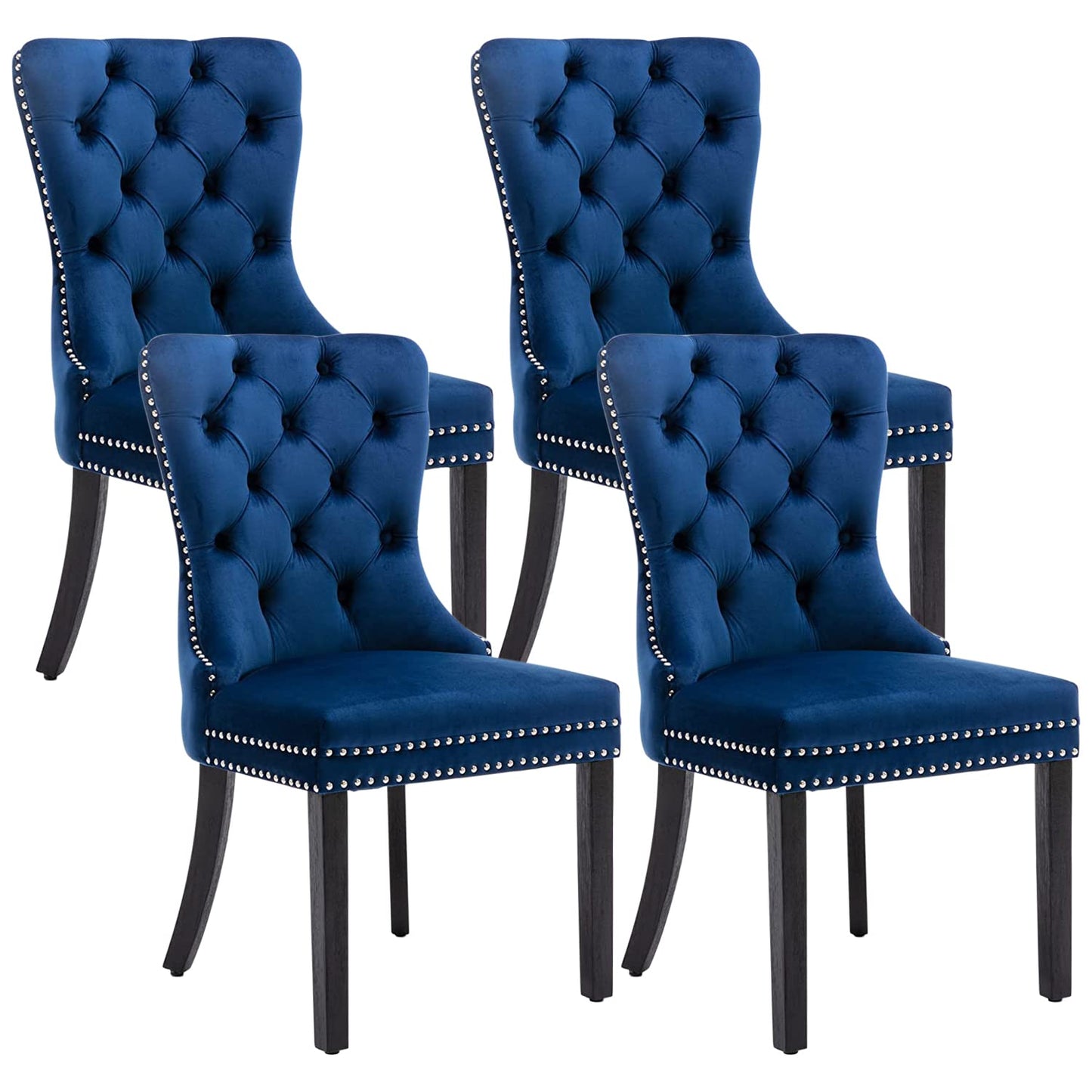 Eifizek Velvet Dining Chairs Set of 4, Tufted Dining Room Chairs with Nailhead Ring Pull Trim, Upholstered Dining Chairs with Solid Wood Legs for Kitchen Dining Room, Sillas De Comedor (Blue)