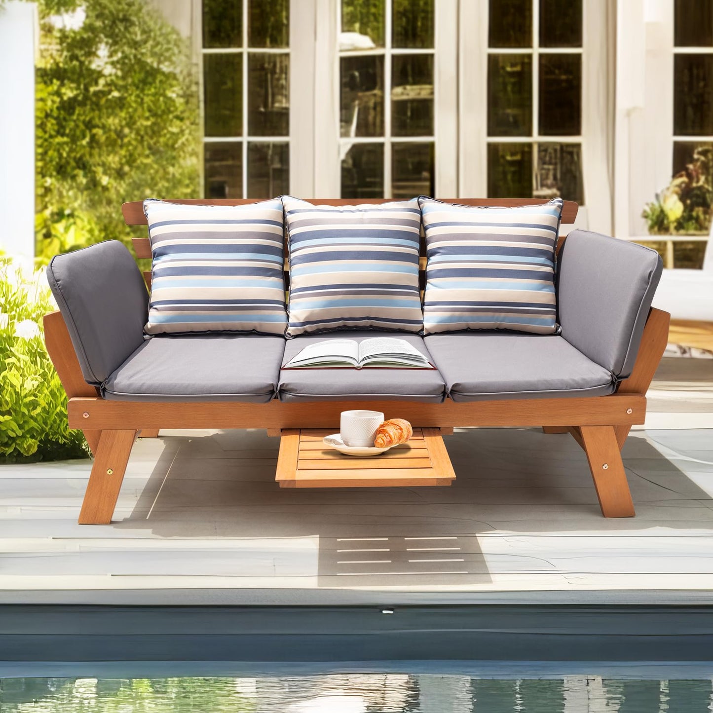 IDZO Amelie Eucalyptus Convertible Outdoor Sofa, 750lbs Capacity Patio Couch with Folding Armrest & Coffee Tray, FSC Certified Wood Furniture Set with 3 Pillows, High Static Load - Gray