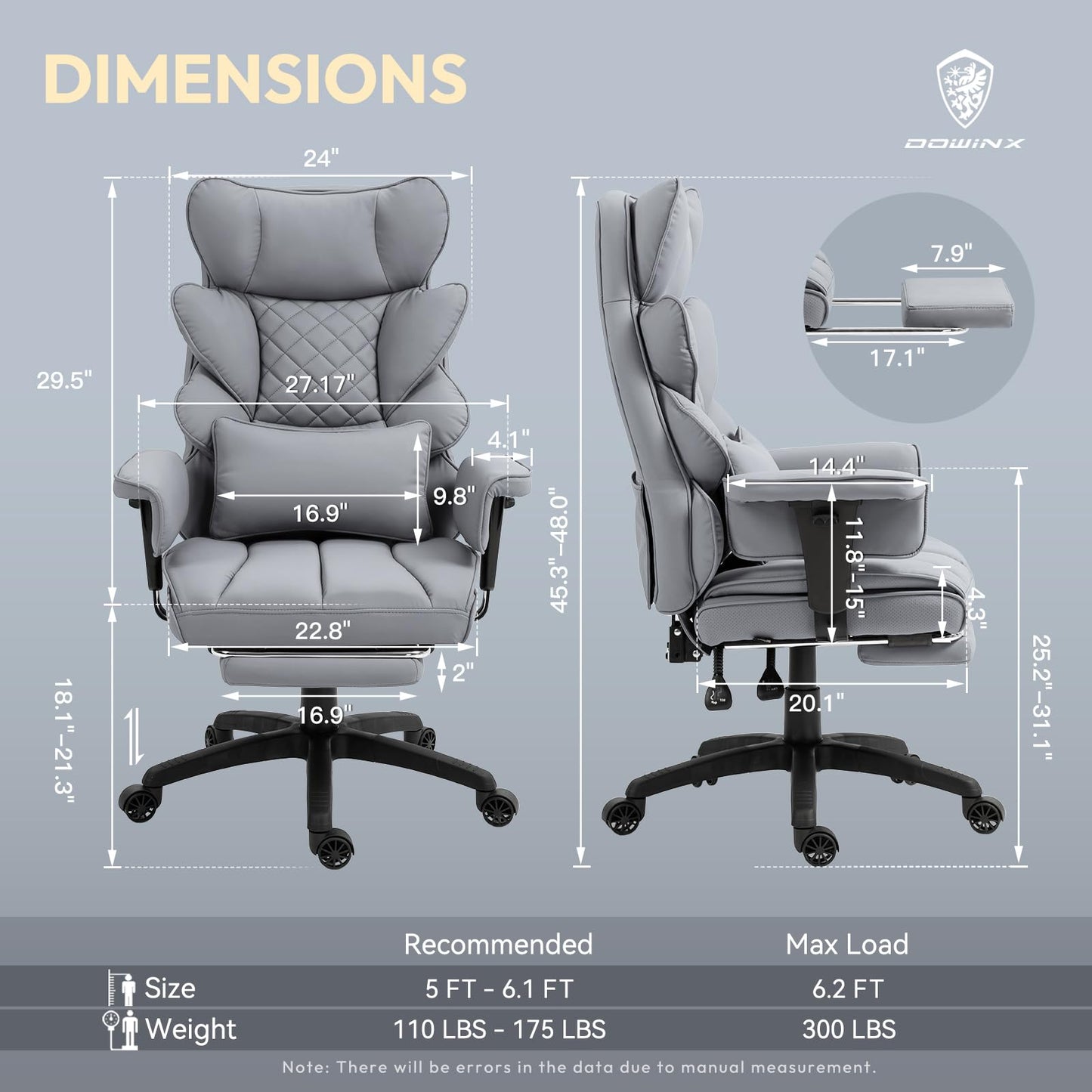 Dowinx Big and Tall Office Chair with Pocket Spring Cushion,High Back Computer Gaming Chairs with Adjustable Armrests and Lumbar Support,Executive Desk Chairs with Footrest(PU Leather,Grey)