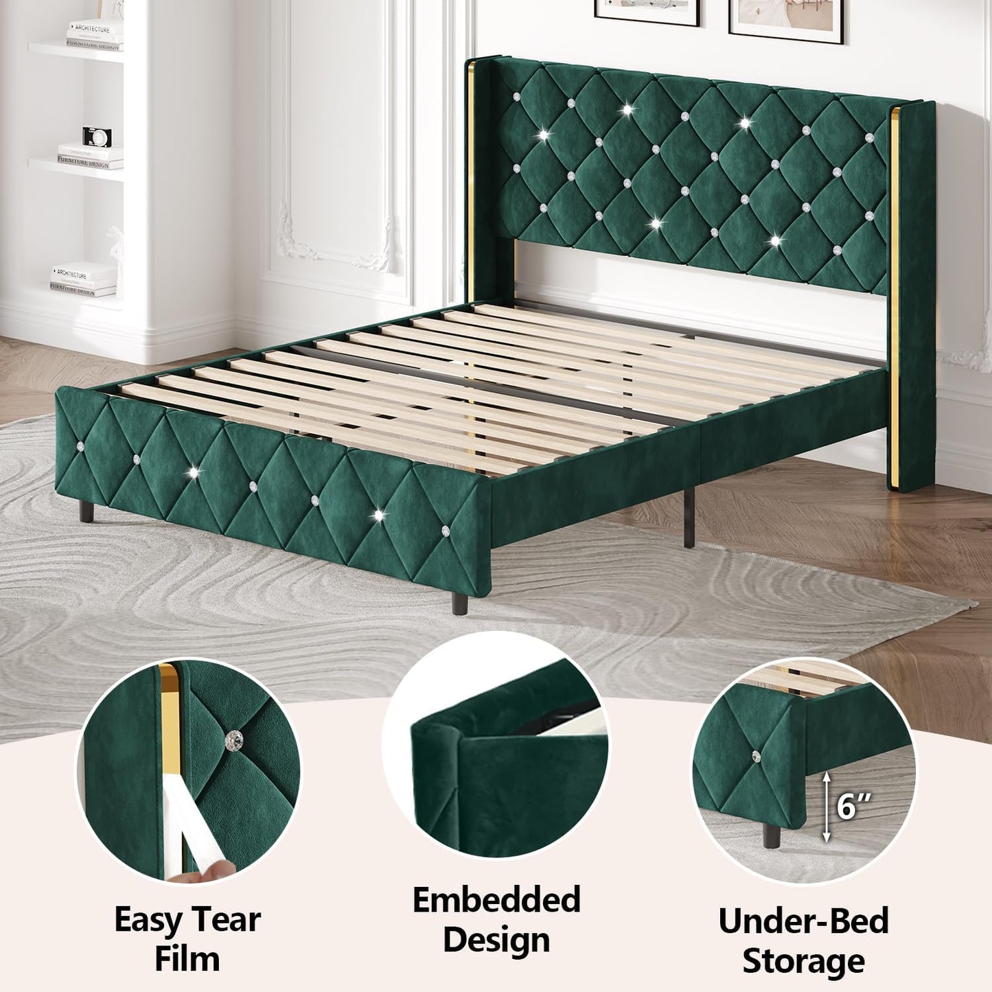 HOMBCK Queen Size Bed Frame with Headboard, Velvet Upholstered Platform Bed Frame Queen with Wingback and Diamond Headboard, Wood Slat Support, No Box Spring Needed, Easy Assembly, Green