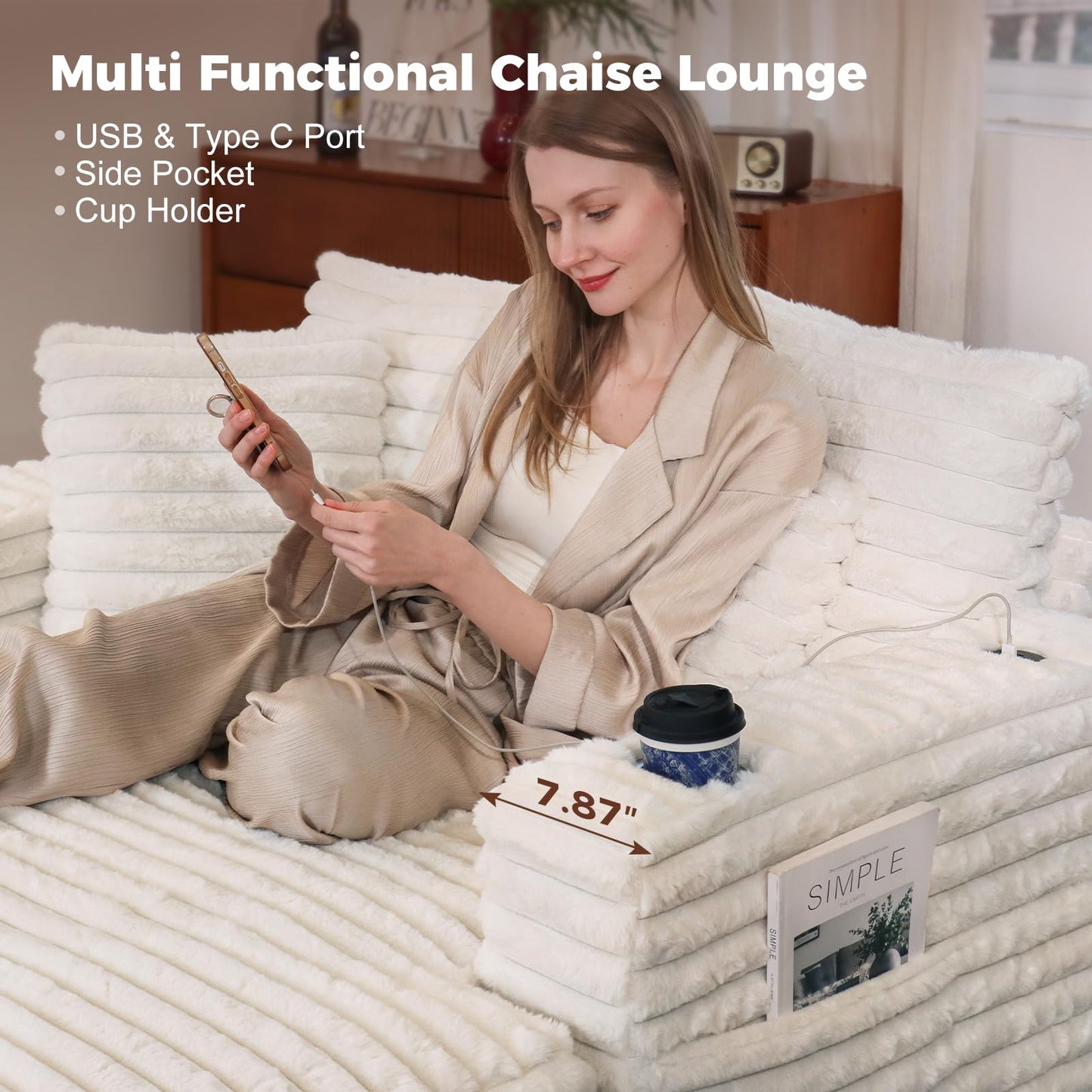 HUSFU 60'' Oversized Chaise Lounge Chair Indoor,Sleeper Cloud Chair,Chaise Lounge Sofa Bed with Cup Holder and Pillows,Plush Chairs Bed for Living Room Bedroom,Beige