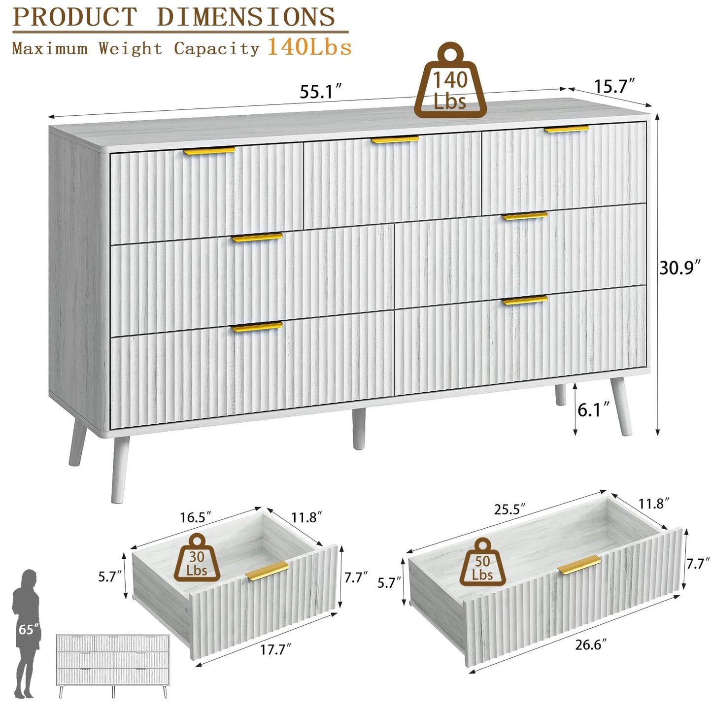 CARPETNAL Fluted 7 Double Drawers White Dresser for Bedroom, 55”Wide Modern Chest of Drawers with Deep Drawers,Wood Drawer Organizer for Bedroom Living Room, Hallway, White