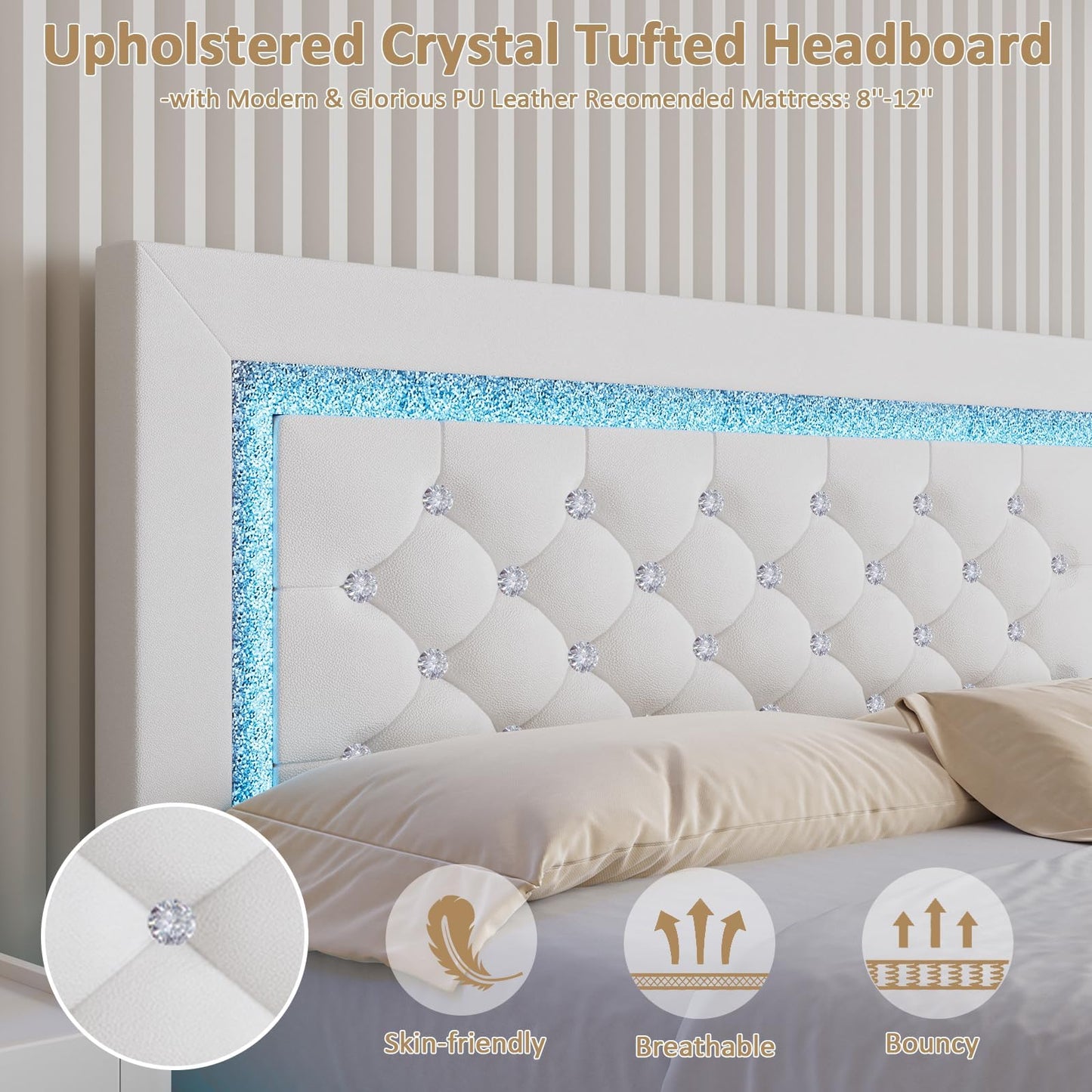 Floating Bed Frame Twin with LED Lights, Upholstered Platform Bed with Diamond Tufted Headboard, No Box Spring Needed, Noise Free, Easy Assembly, White