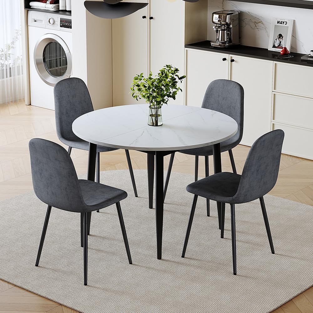 FURNITO Round Dining Table Set for 4, 42"-54" Extendable Dining Room Table Set for 4, White Kitchen Table and Upholstered Chairs Set of 4, 5 Piece Dining Table Set for Small Spaces, Easy Assembly