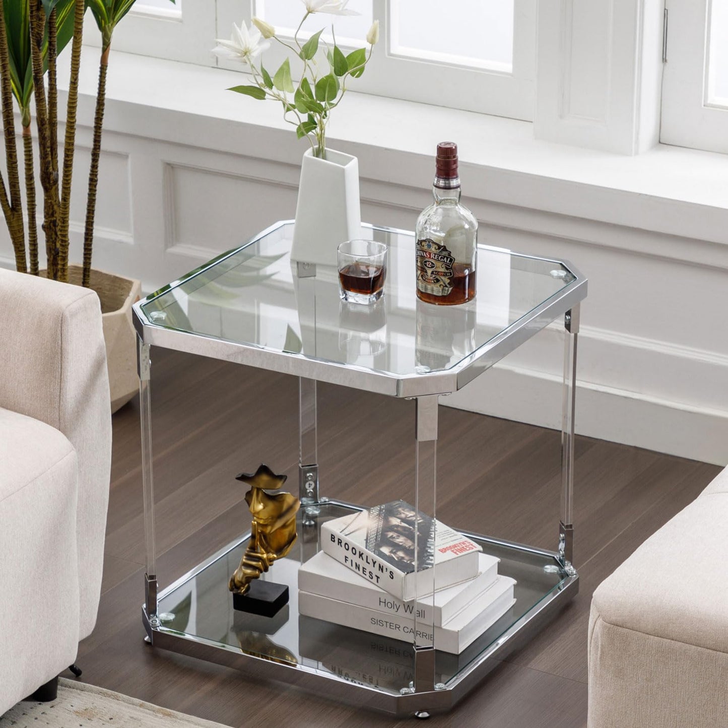 MINPINSER Glass Top Side Table - Silver Square Glass Top End Table Clear Acrylic Nightstand for Living Room Bedside Bedroom