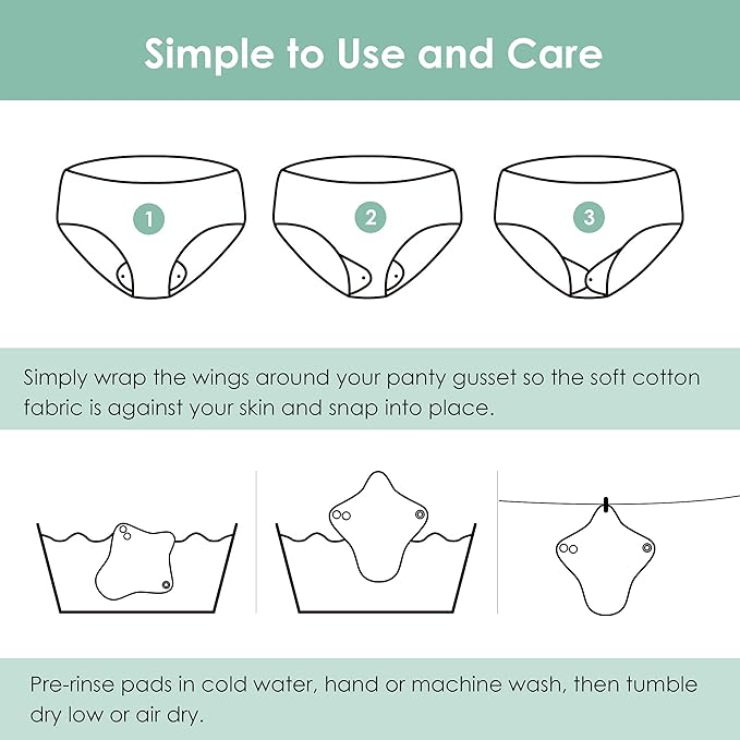 wegreeco 6 Pcs Reusable Menstrual Pads, Ultra Absorbent Cloth Pads for Heavy Flow, Sanitary for Teens, Women, Nonslip, Grey Inner, Black Outer, Medium