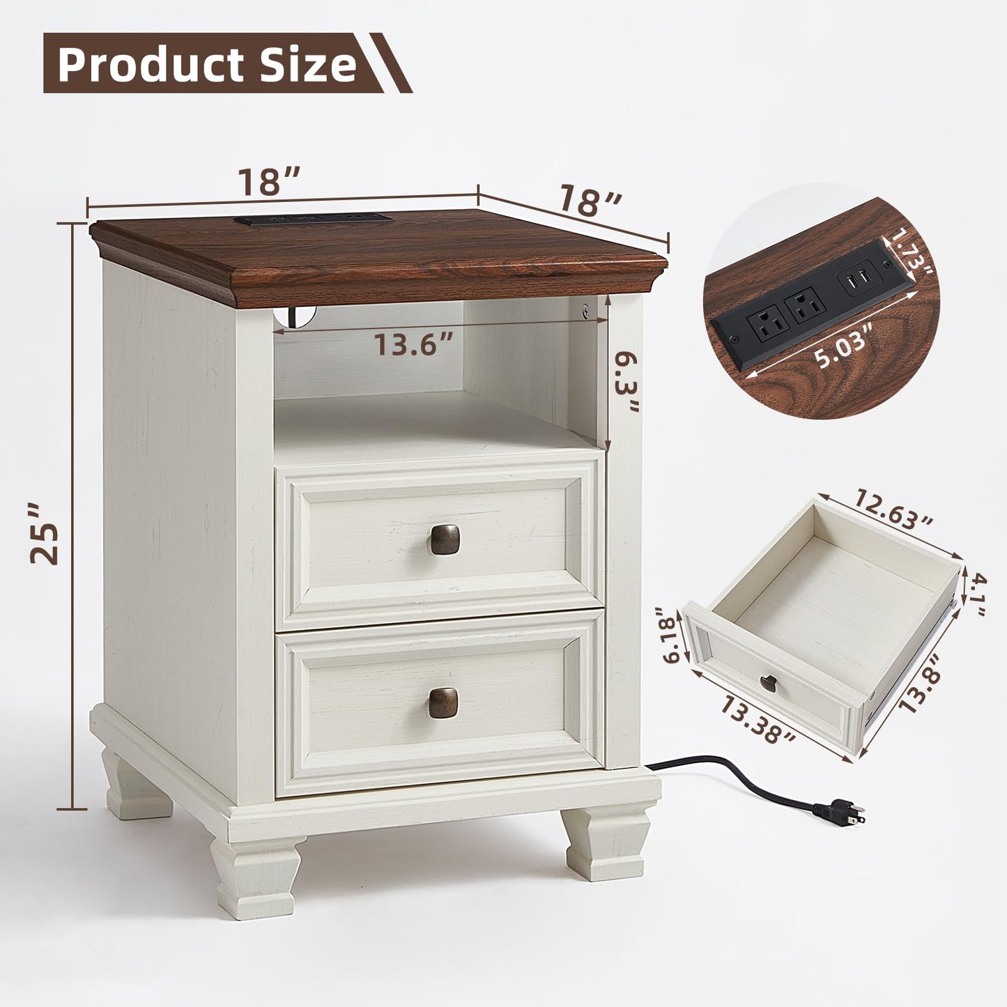 SAVOR LIFE Farmhouse Nightstand Set of 2 with Charging Station, Rustic White Nightstand,2 Drawers End Table for Living Room,Bedside Table with Open Shelf for Bed Room,White