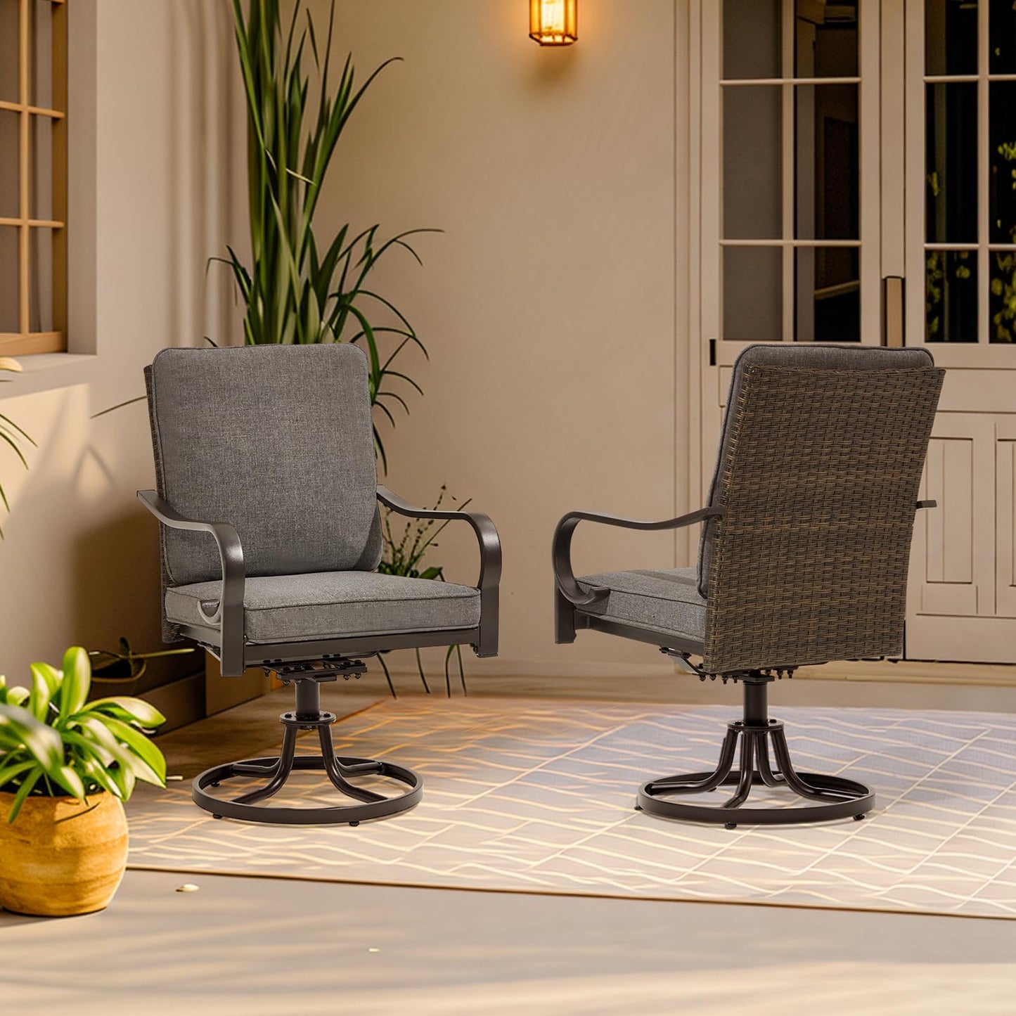 MELLCOM Patio Swivel Chair Set of 2, Outdoor Dining Chairs with Thickened Cushions, Wicker Chairs with Gentle Rocker for Porch, Garden, Backyard, Poolside, Deck, Grey