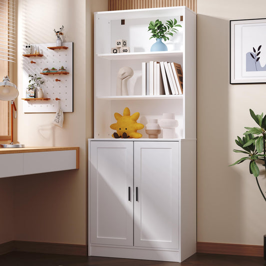 DIYART 5 Tier Bookcase with Doors & Cabinet, 75" Tall Large Wood Bookshelf for Living Room, Office, Library, White Storage Display Shelf with Adjustable Shelves