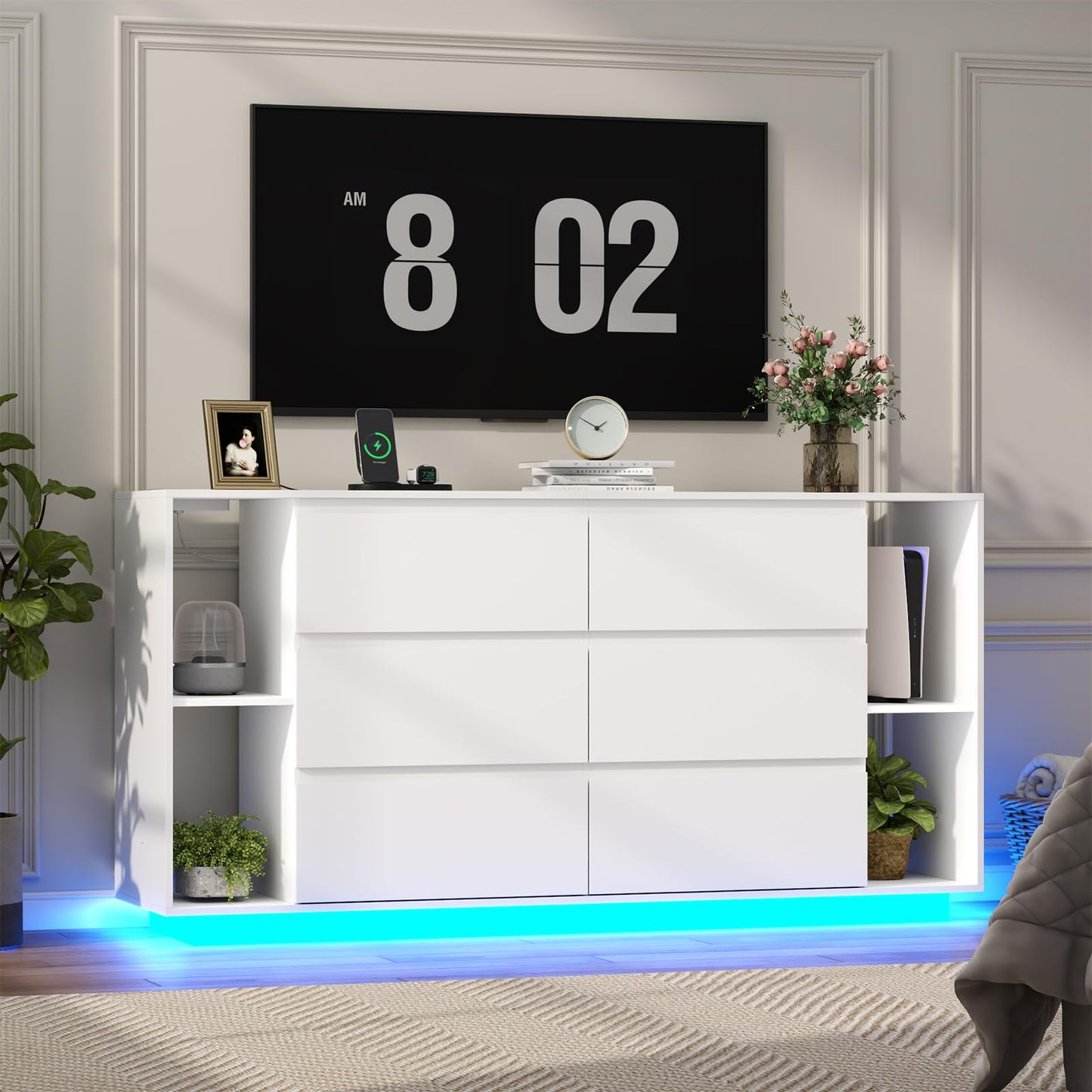 Gyfimioe 6 Drawer Dresser with Power Outlet, Floating White Dresser Chest of Drawer with LED Light,Modern Double Wide Drawer Organizer Cabinet for Bedroom,Living Room (6 Drawer-White)