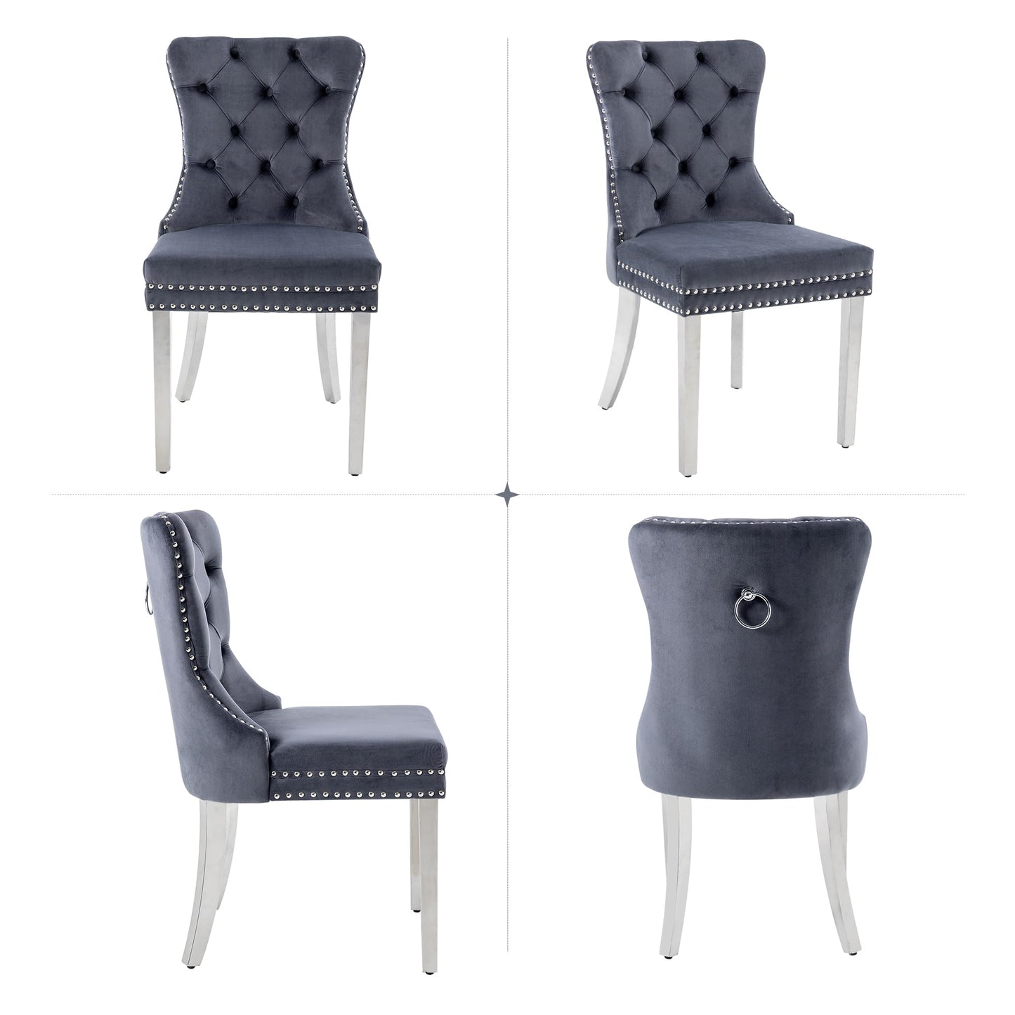 GOOLON Dining Room Chairs Set of 4, Tufted Velvet Chairs with Modern Stainless Steel Legs, Rivet Trim Metal Pull Ring Large Back for Kitchen Dining Room Restaurant, Dark Gray