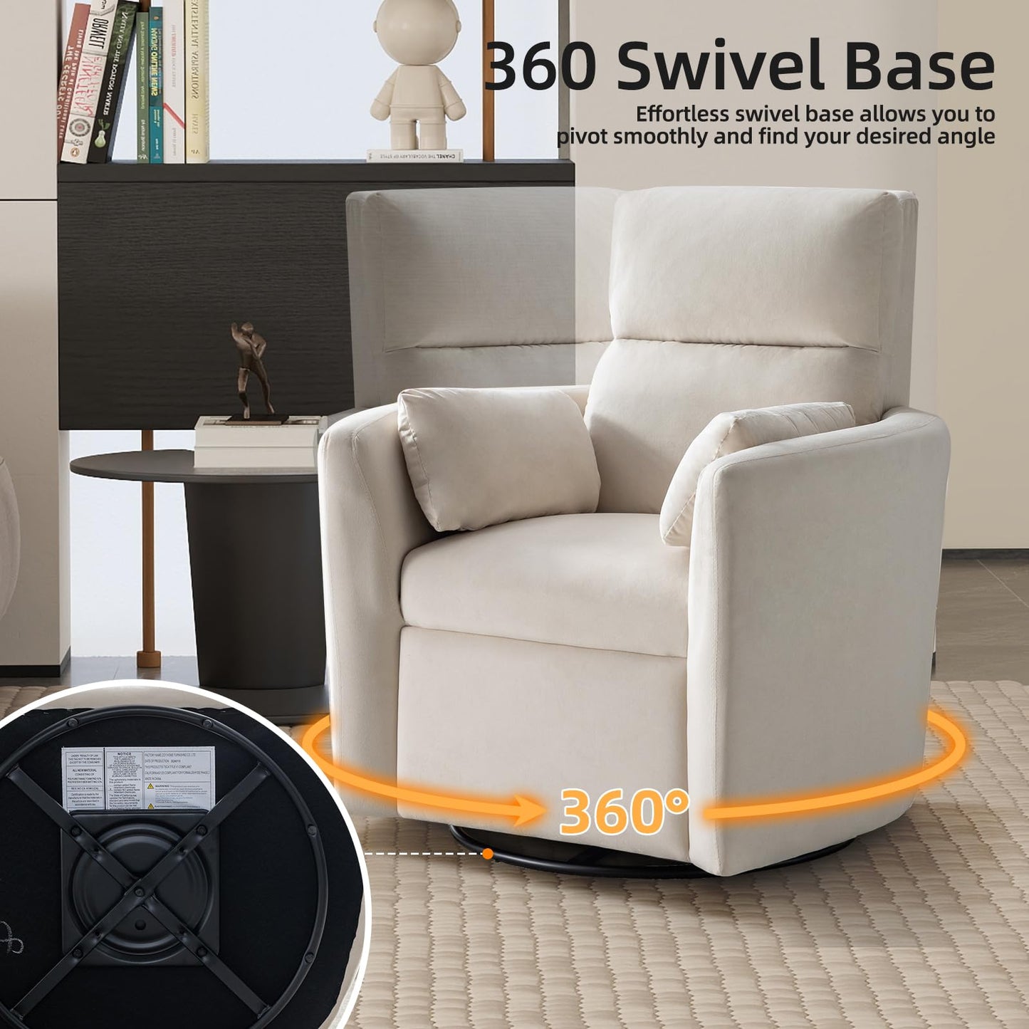 EBELLO Swivel Accent Chair, Velvet High Back Round Living Room Chair, Minimalist Reading Conversation Seat with Two Pillows for Small Space, Bedroom, Beige