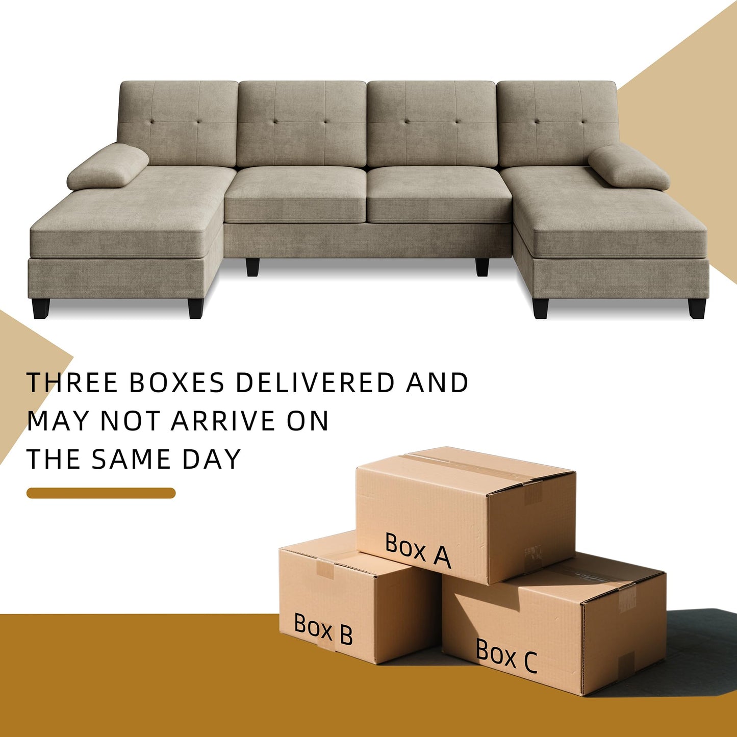 JAMFLY 106" U-Shaped Modern Sofa Modular Sectional Cloud Couch with Chaise, 4-Seat Deep Seat Sofa for Living Room, Bedroom and Apartment, Khaki