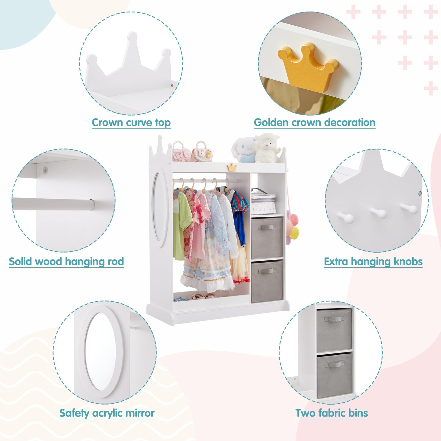 GTOLV Kids Dress Up Storage Mirror w/ 2 Bins, Cloth Hanger - Kids Play Armoire Dresser Pretend Closet for Bedroom