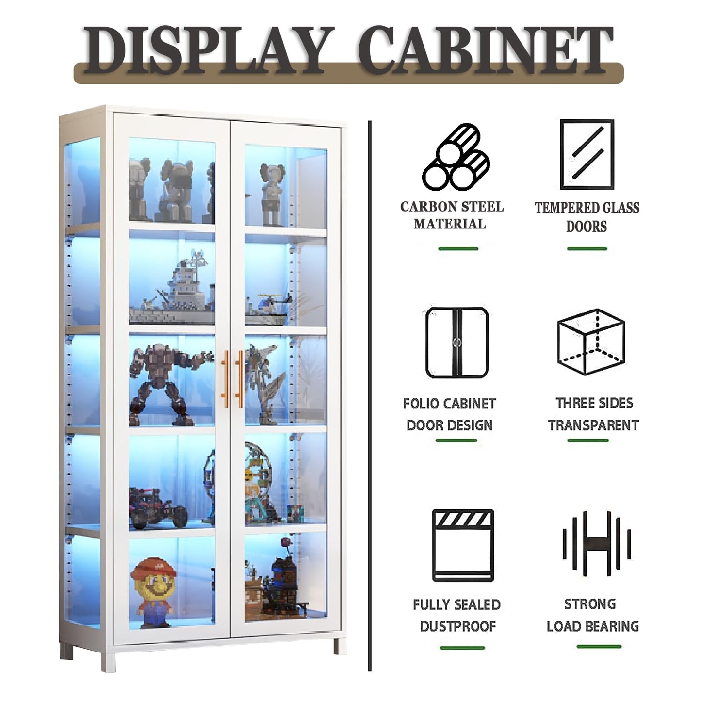 qeknxks Display Cabinet with Glass Doors, 5-Tier Metal Curio Cabinet, Glass Display Cases for Figurine, Toy Organizers Rack & Display Shelf, Kids Bookcase for Home Office, Playroom, Living Room