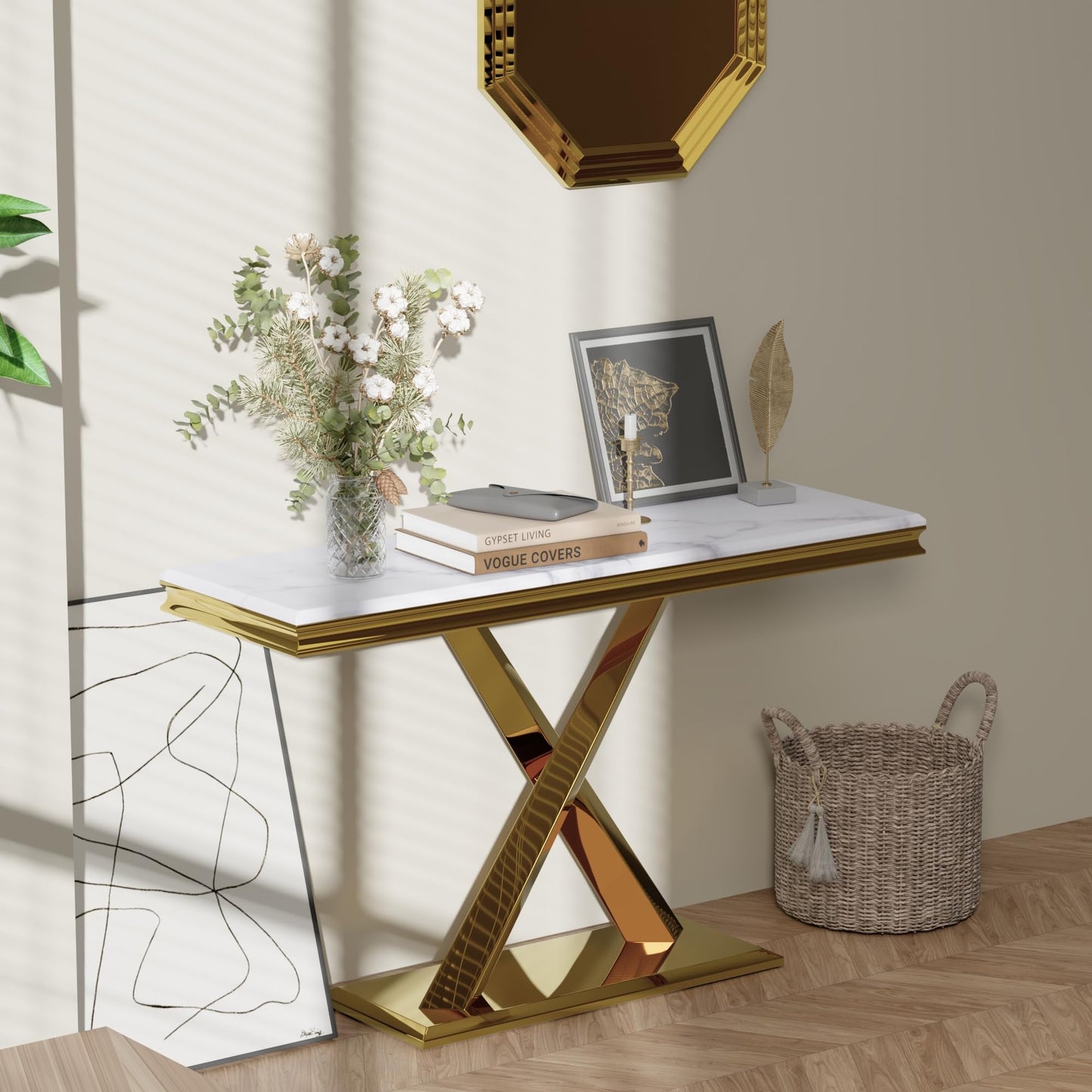 ACEDÉCOR Gold Console Table, 50" Entryway Table with White Tabletop & Gold Polished X-Base, Luxury Sofa Table for Living Room, Hallway, Foyer