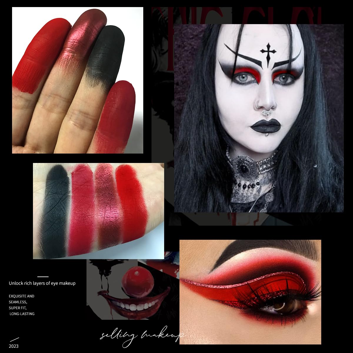 ecofavor Red Goth Eyeshadow Palette - 9 Colors True Hot Red Black Eye Shadows | Halloween Glitters Makeup | Matte Shimmer High Pigmentation | Clown Vampire SFX Halloween Christmas Palette