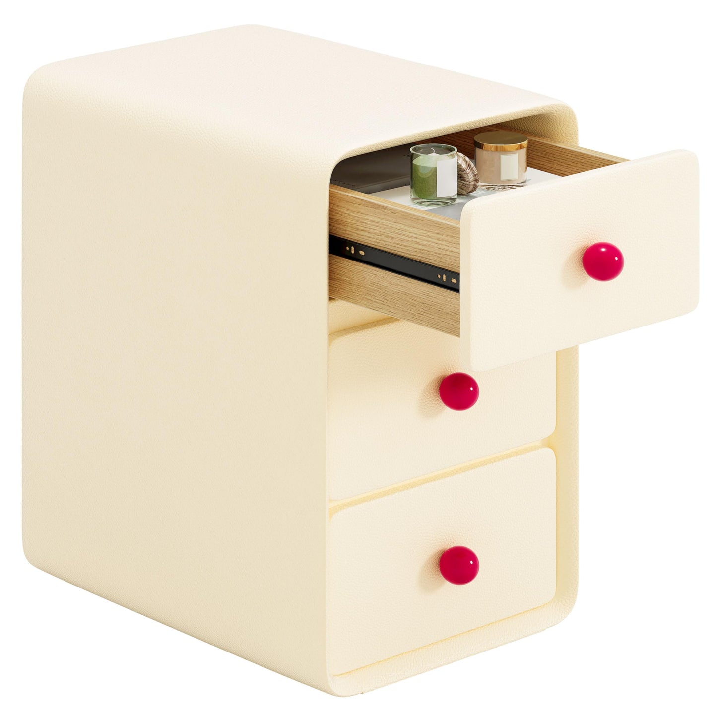 LIKIMIO Modern Leather Nightstand, Narrow Beside Table with 3 Drawers and Silent Slides, Cream Style Small Side Table for Bedroom
