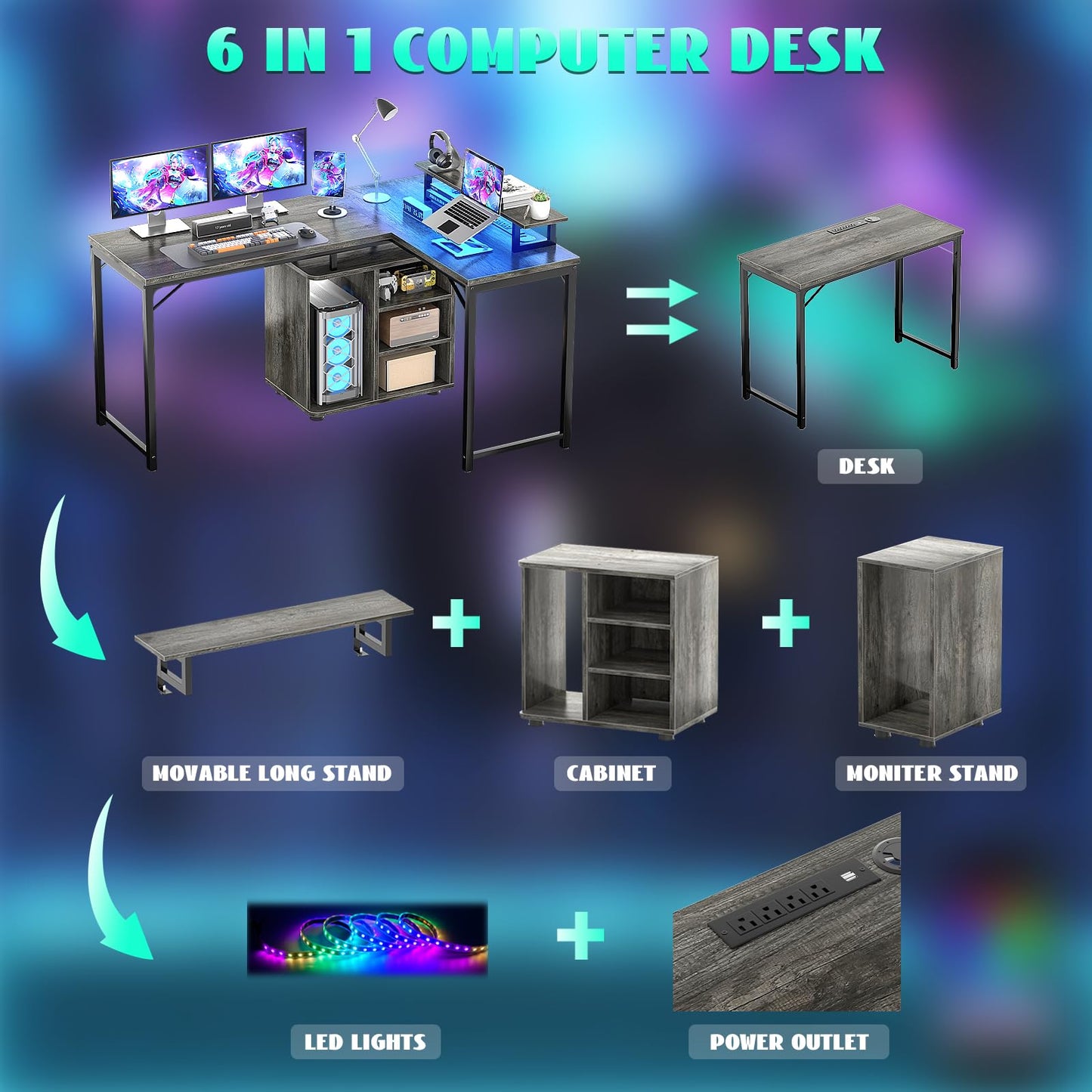 Cyclysio L Shaped Gaming Desk with Wood Cabinet, 58" Large Corner Desk with LED Lights & Power Outlet, Reversible Computer Desks with Computer Tower Stand, 2 Person Desks for Home Office, Grey