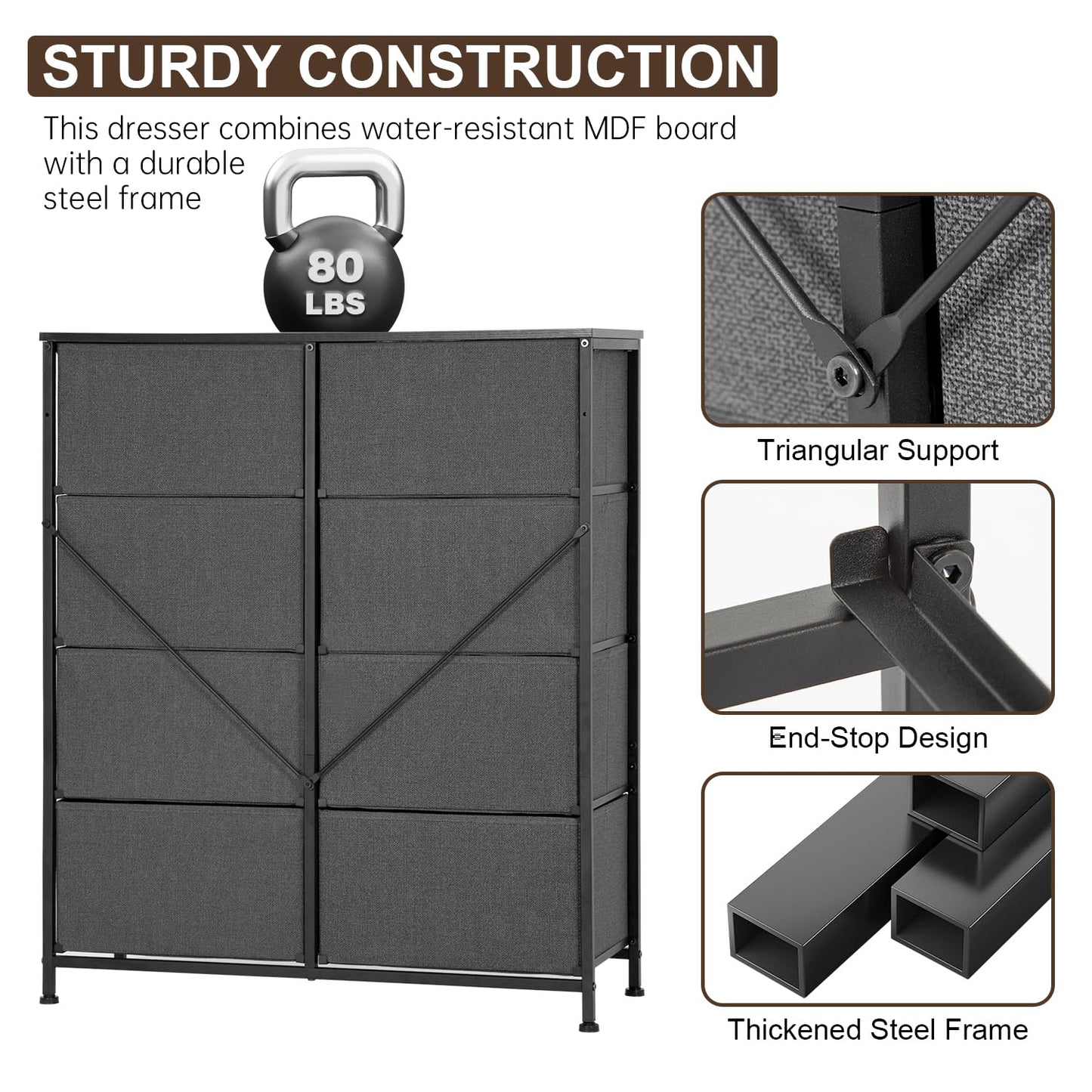 FDW 8-Drawer Fabric Dresser for Bedroom,Closet Dresser with Metal Frame and Wooden Top Tall Storage Tower for Closet,Living Room and Entryway,Grey