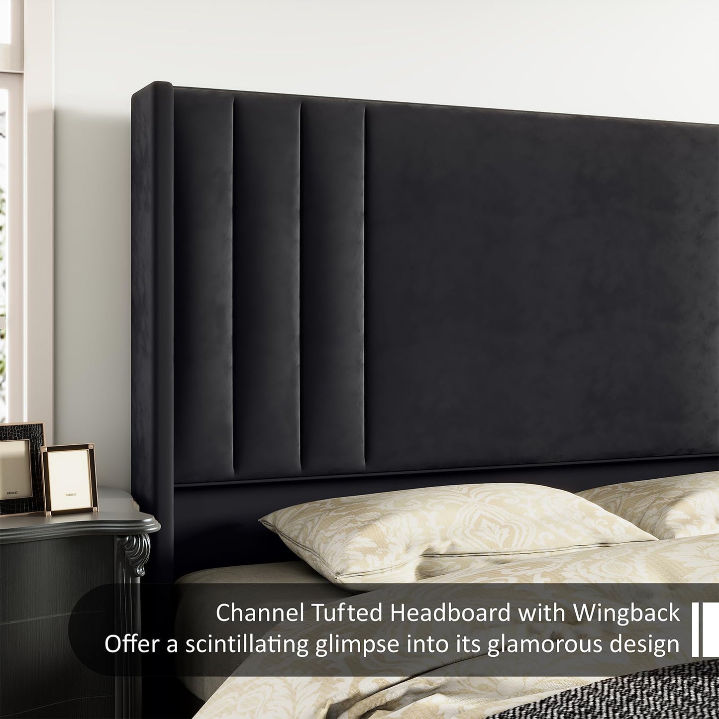 AMERLIFE Queen Size Bed Frame, Velvet Upholstered Platform Bed with Vertical Channel Tufted Headboard & Footboard/Wingback, Mattress Foundation with Wood Slats, No Box Spring Needed, Black