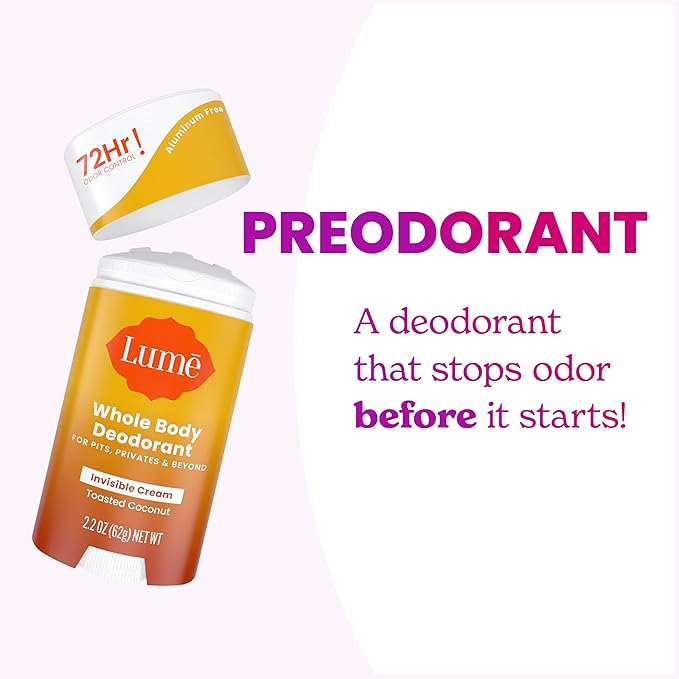 Lume Whole Body Deodorant - Invisible Cream Stick - 72 Hour Odor Control - Aluminum Free, Baking Soda Free, Skin Safe - 2.2 Ounce (Pack of 2) (Toasted Coconut)