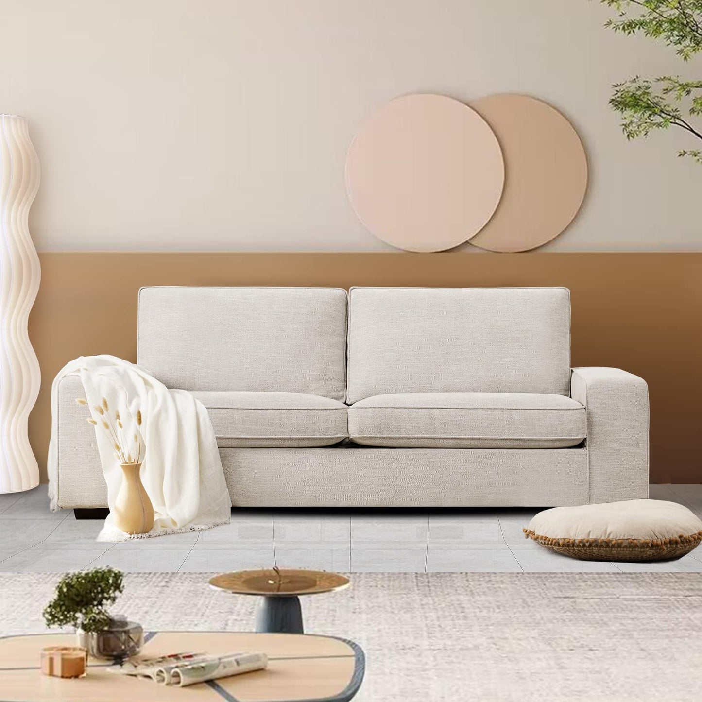 LEISLAND 88.58" Modern Sofas Couches for Living Room, Chenille Sofas & couches with Square Armrest, Removable Low-Back Sofa Cushion and Detachable Sofa Cover/Easy to Install(Beige)