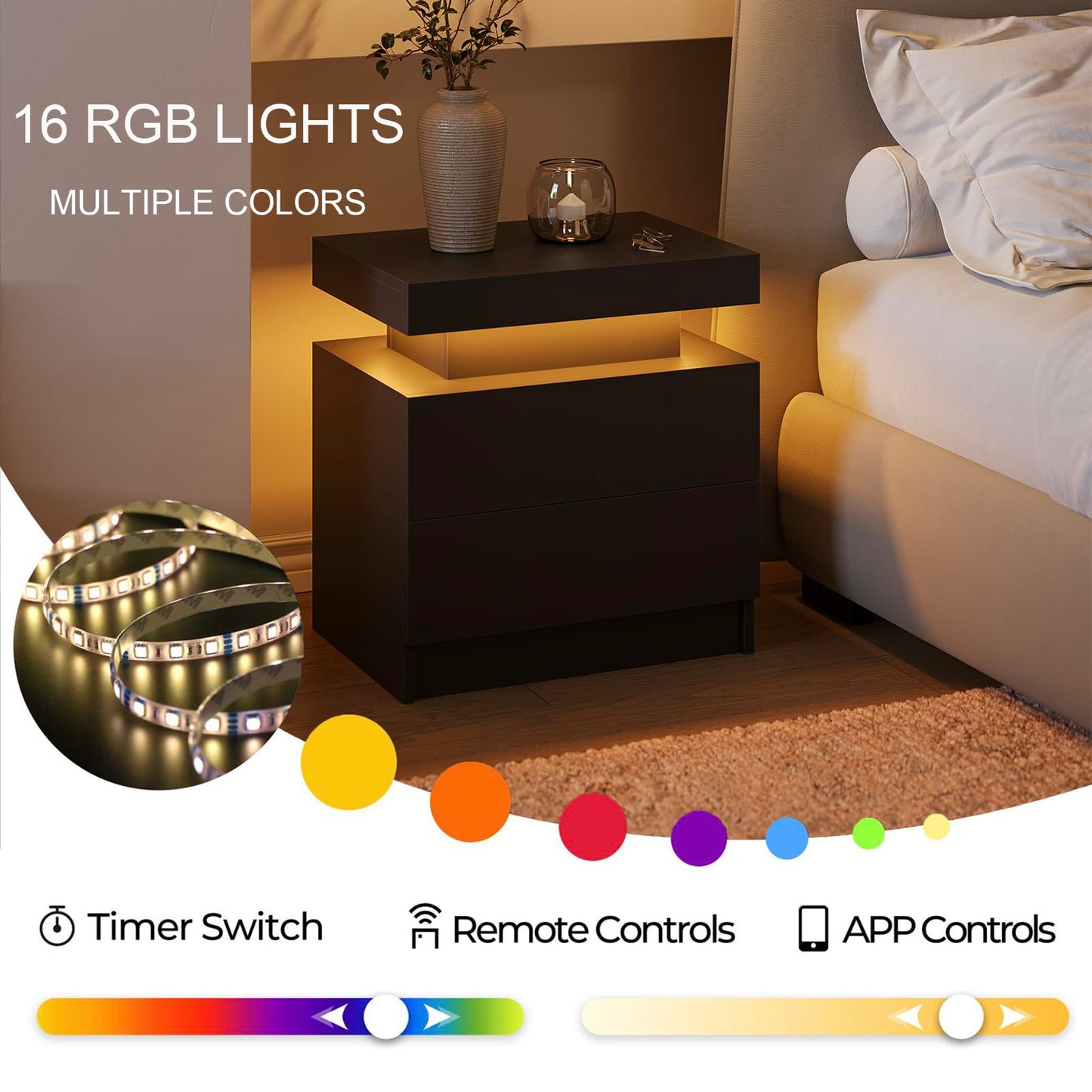 Cubehom LED Black Nightstands Set of 2 Bedroom Night Stands LED Bedside Table with 2 Drawer Modern Nightstands for Bedroom