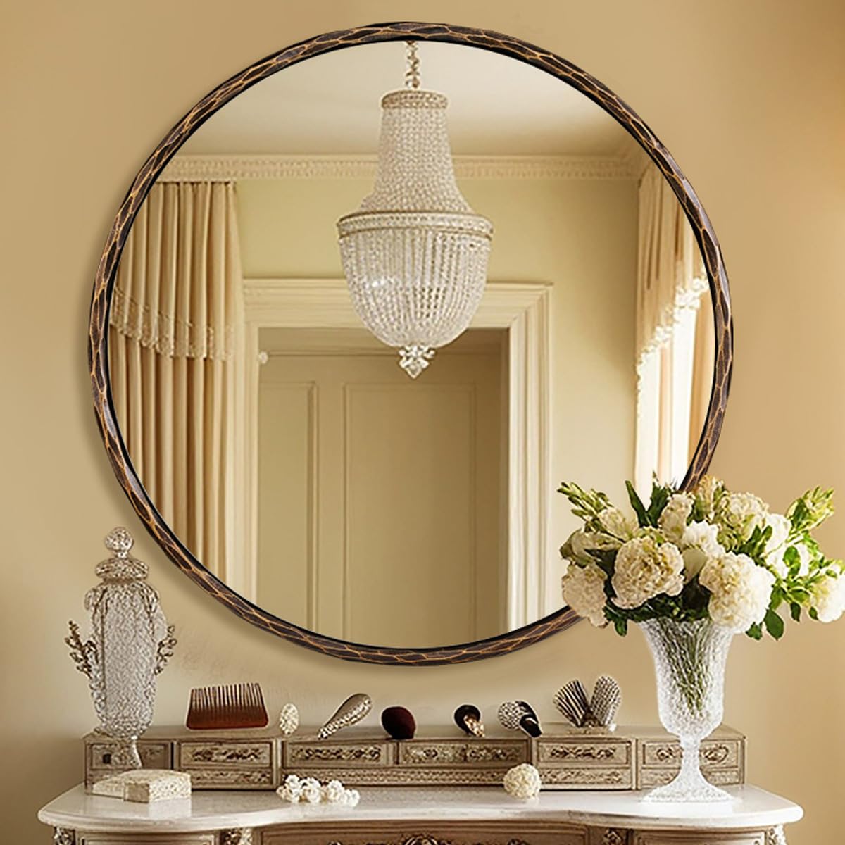 ANDY STAR Hand-Forged Bronze Round Bathroom Mirror, 30 Inch Antique Vanity Circular Mirror, Stainless Steel Rounded Mirrors for Wall Decor, Washroom, Entry, Fireplace