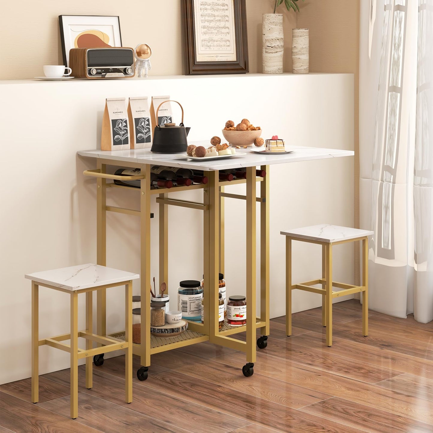 NAFORT 3-Piece Folding Dining Table Set, Mobile Drop-Leaf Kitchen Table with 2 Stools, 6-Bottle Wine Rack, Shelves, Push Handle and Lockable Wheels, Compact Space Saver Set for Apartments