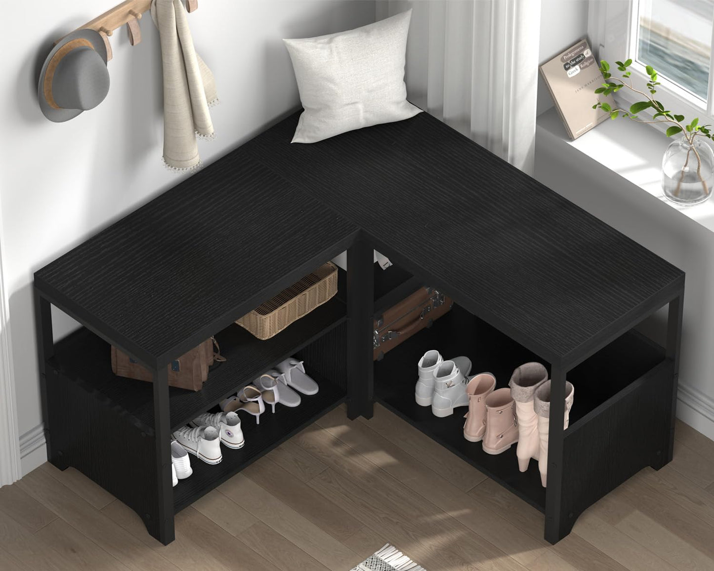 HSH Black Bench, 57” Long Entryway Bench with Shoe Storage, Corner Convertible Storage Bench with Shelf for Foyer Entrance, Wooden Metal L Shaped Shoe Rack Benchs for Bedroom Living Room, Black Oak