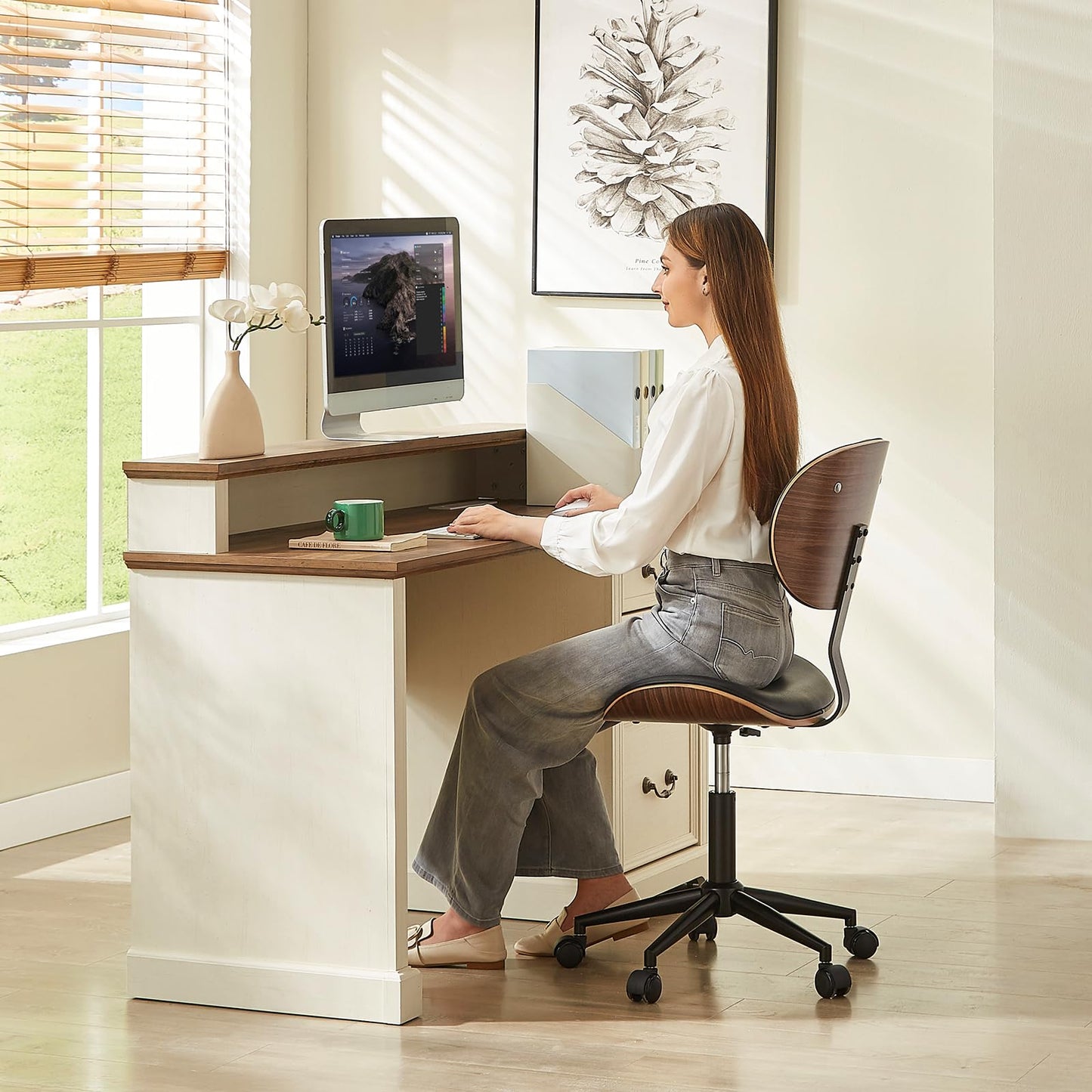 Bestier Small Office Chair with Bentwood Back Support, Armless Desk Chair with 360° Swivel, Height Adjustable Computer Chair with Wheels, PU Leather Modern for Office, Small Space, Black