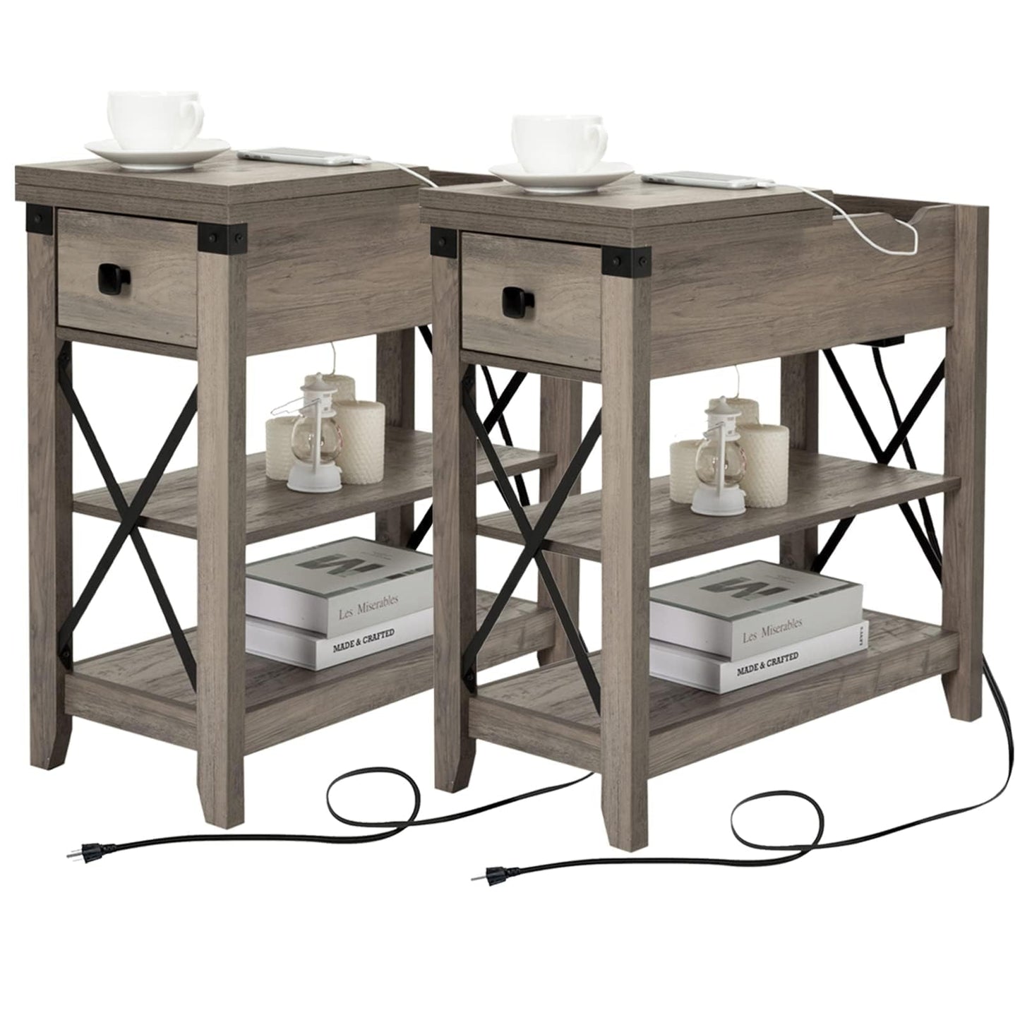 Awescuti Narrow End Table with Charging Station - Farmhouse Slim Side Table Set of 2, w/USB Ports Power Outlets, Nightstand w/Flip Top Storage Drawer, for Small Spaces Living Room Bedroom, Gray